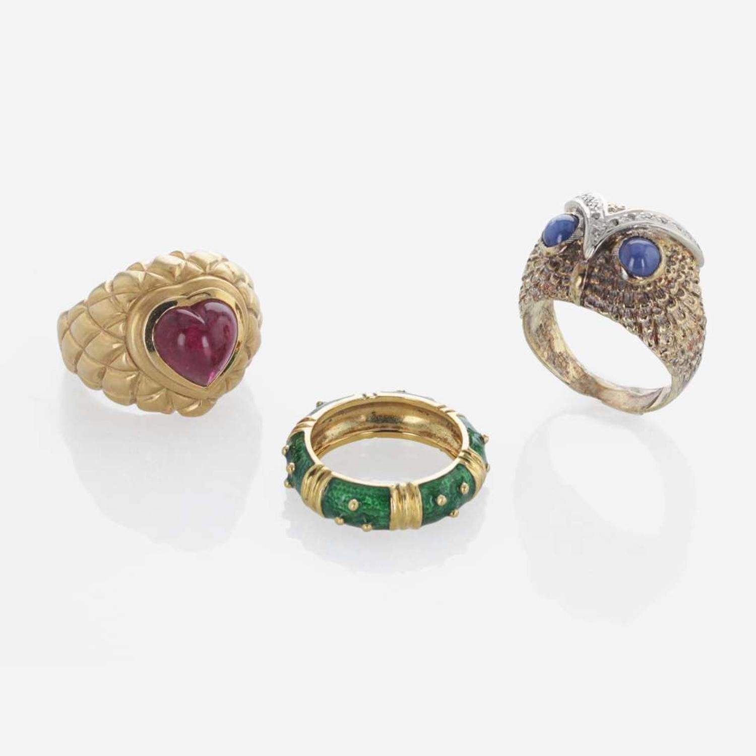 A Collection of Three Ladies Yellow Gold and Gemstone Rings