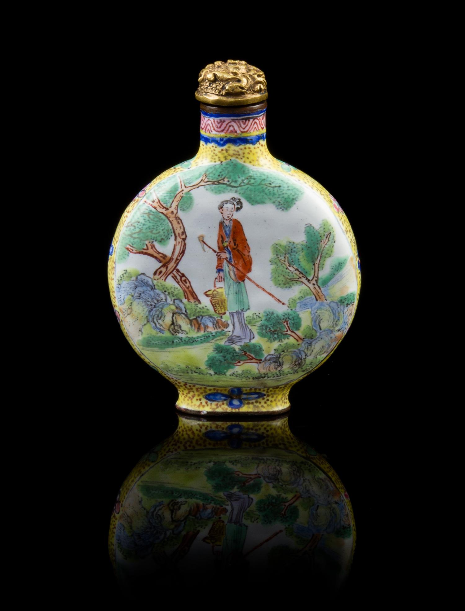 An Enamel on Copper Snuff Bottle 18TH CENTURY, QIANLONG MARK Height 2 3/8 inches. — 18TH CENTURY, QIANLONG MARK