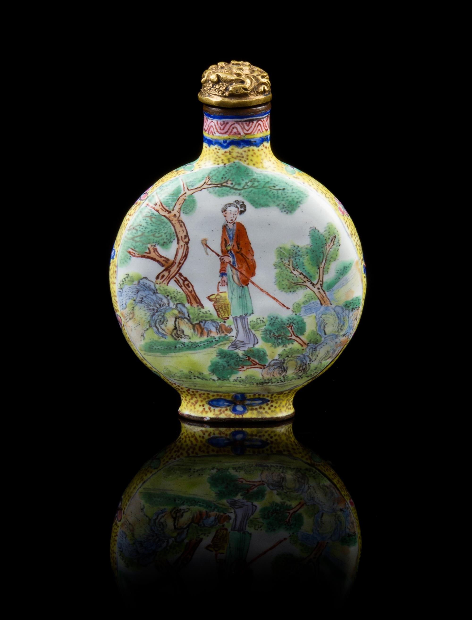 An Enamel on Copper Snuff Bottle 18TH CENTURY, QIANLONG MARK Height 2 3/8 inches. — 18TH CENTURY, QIANLONG MARK