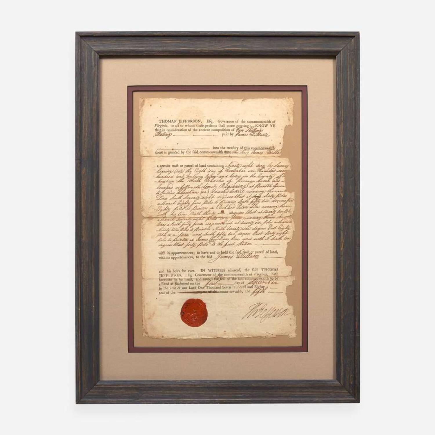 [Declaration of Independence] [Virginia] Jefferson, Thomas Partially-Printed Document, signed