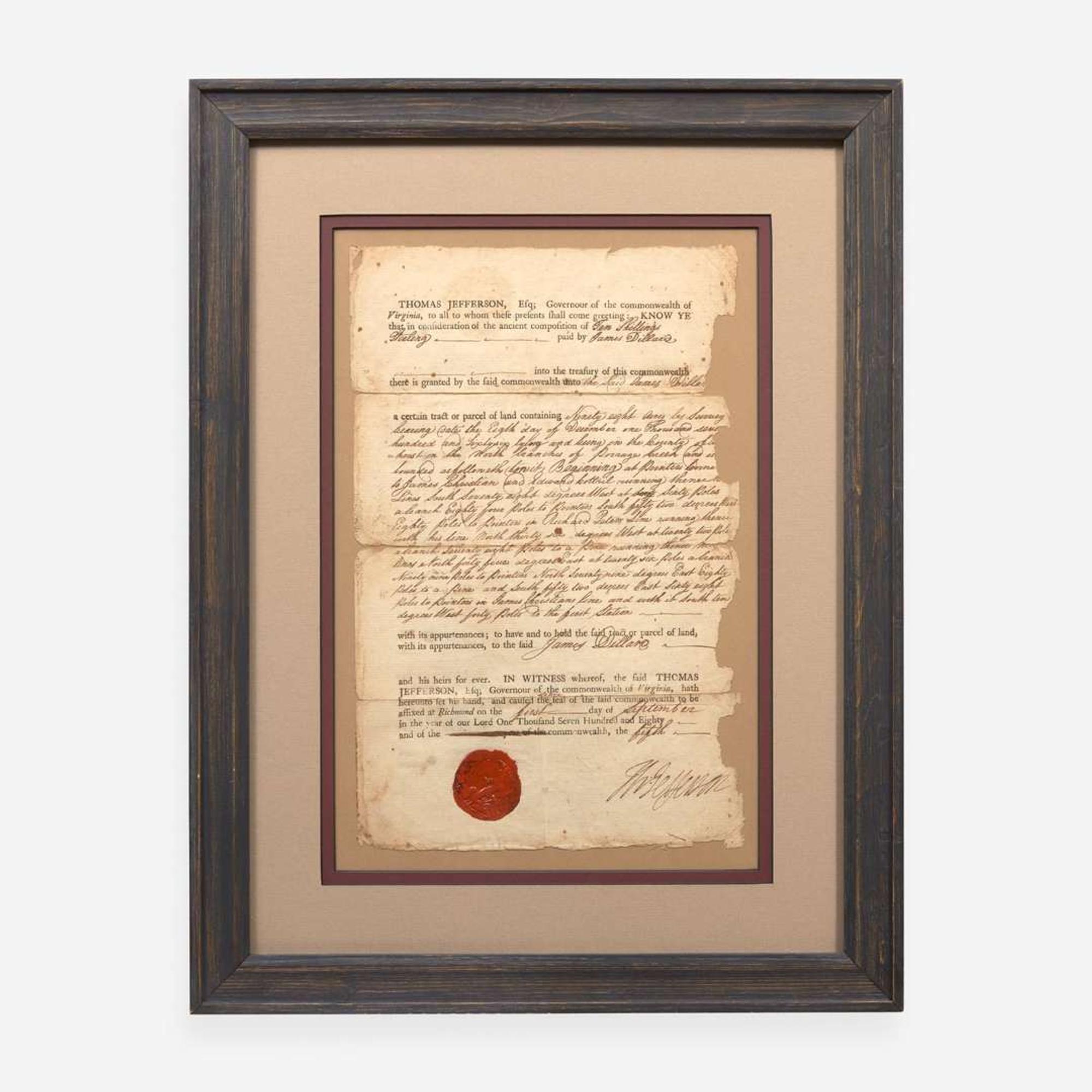 [Declaration of Independence] [Virginia] Jefferson, Thomas Partially-Printed Document, signed