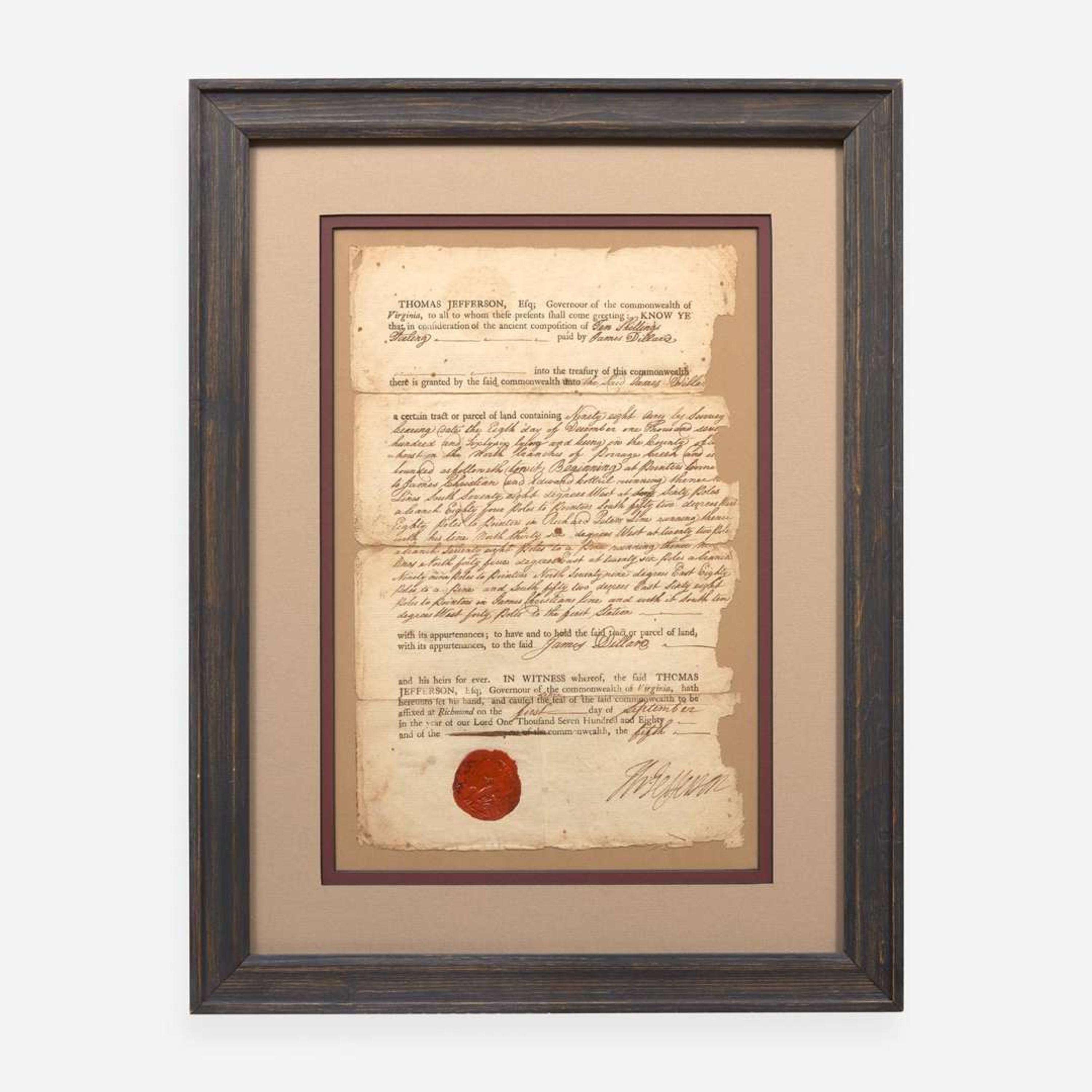 [Declaration of Independence] [Virginia] Jefferson, Thomas Partially-Printed Document, signed
