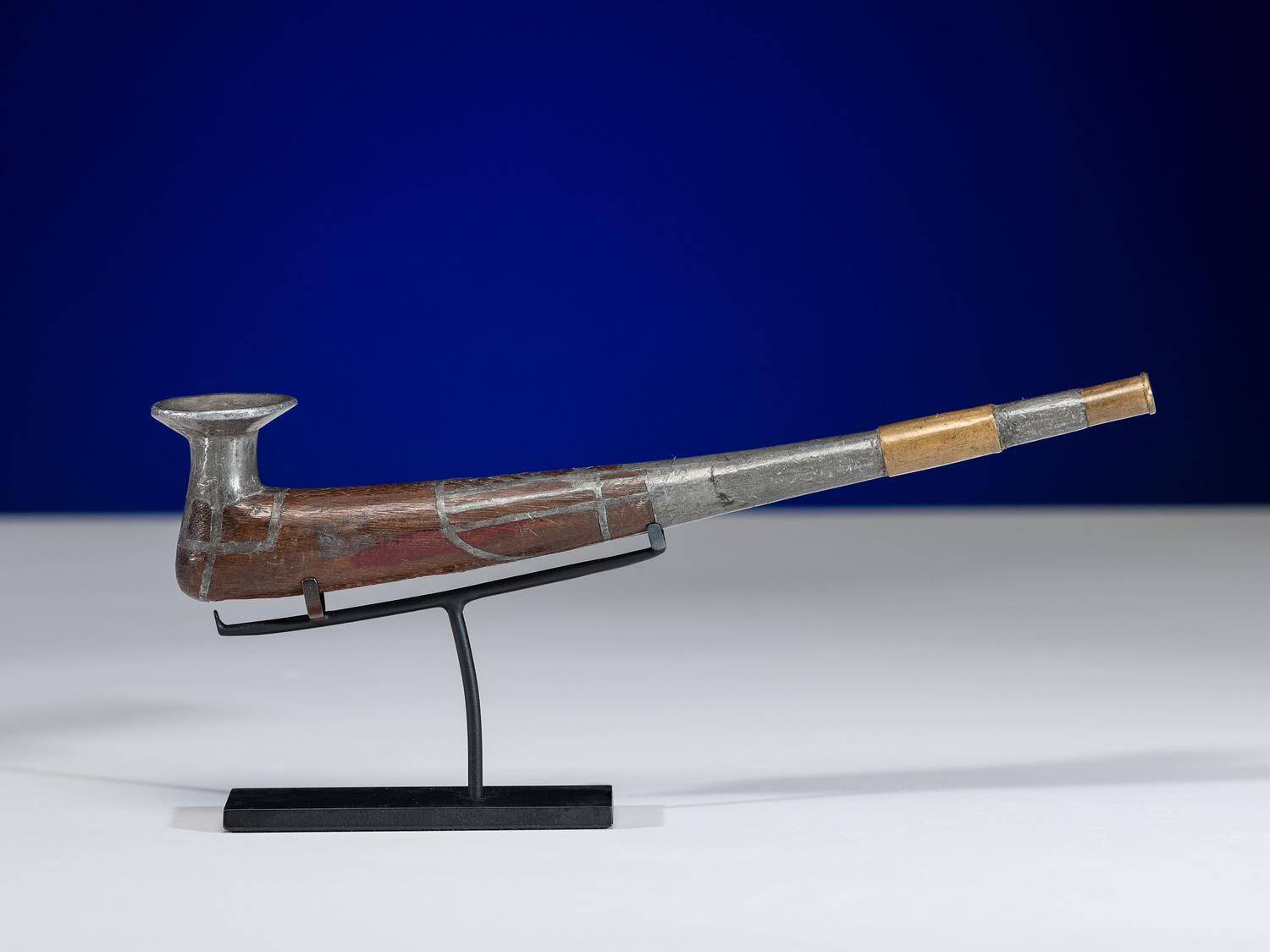 Siberian Yupik Wood Pipe, with Brass and Pewter Inlay