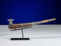 Siberian Yupik Wood Pipe, with Brass and Pewter Inlay