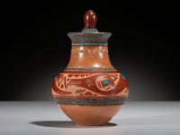 Red, Black, and Sienna Lidded Pottery Jar
