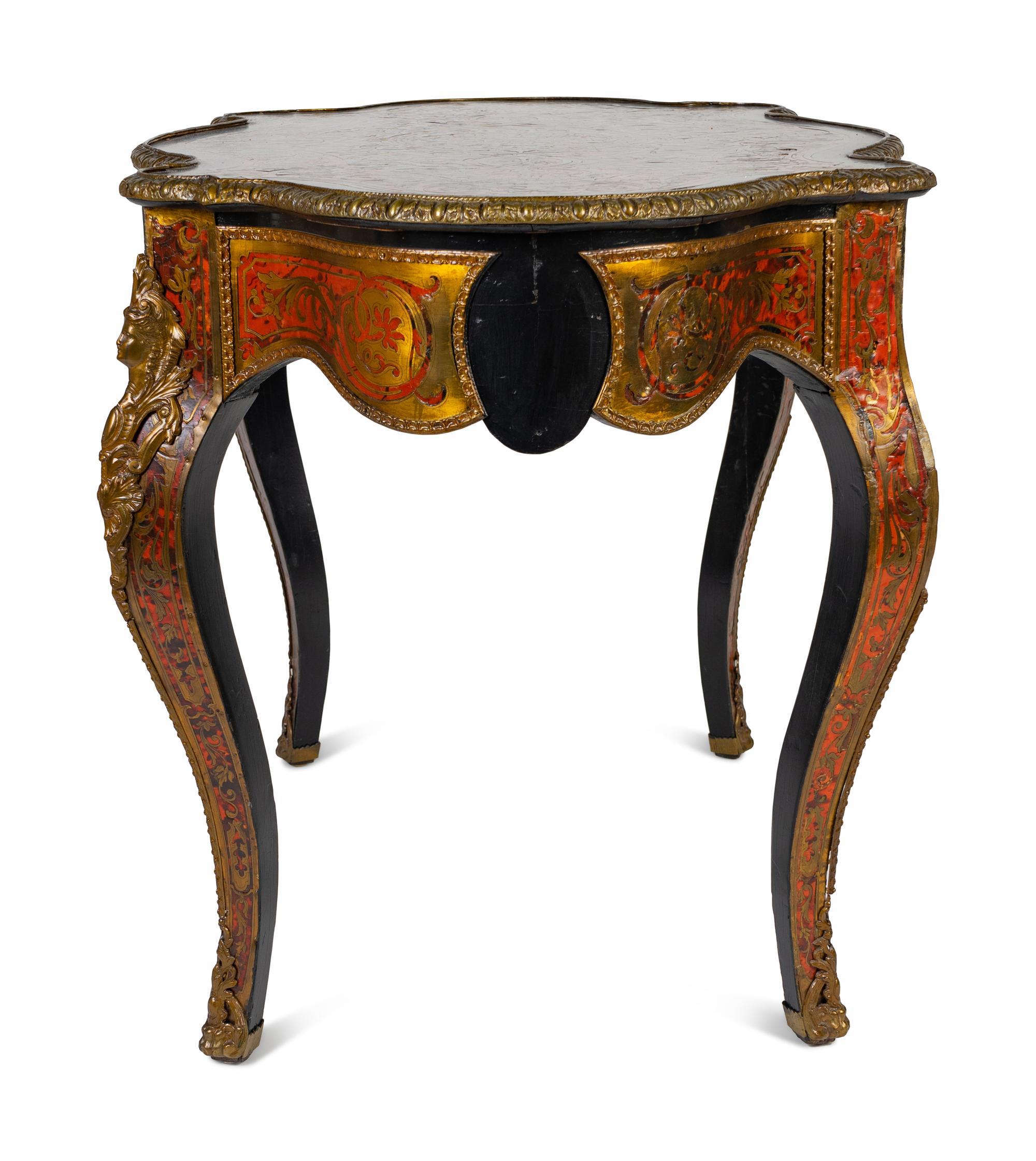 A Napoleon III Style Brass and Tortoise Shell Inlaid Center Table