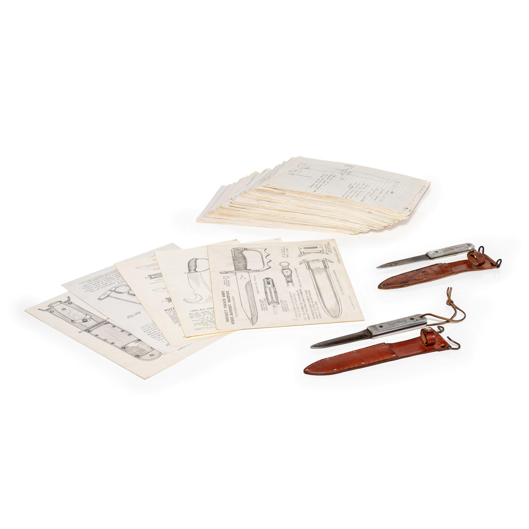 M.H. Cole Fighting Knife Archive with Two Cole Made Knives & Scabbards, Original Book Manuscript Drawings From Volumes III and IV as well as Additional Pre-Publication Paperwork