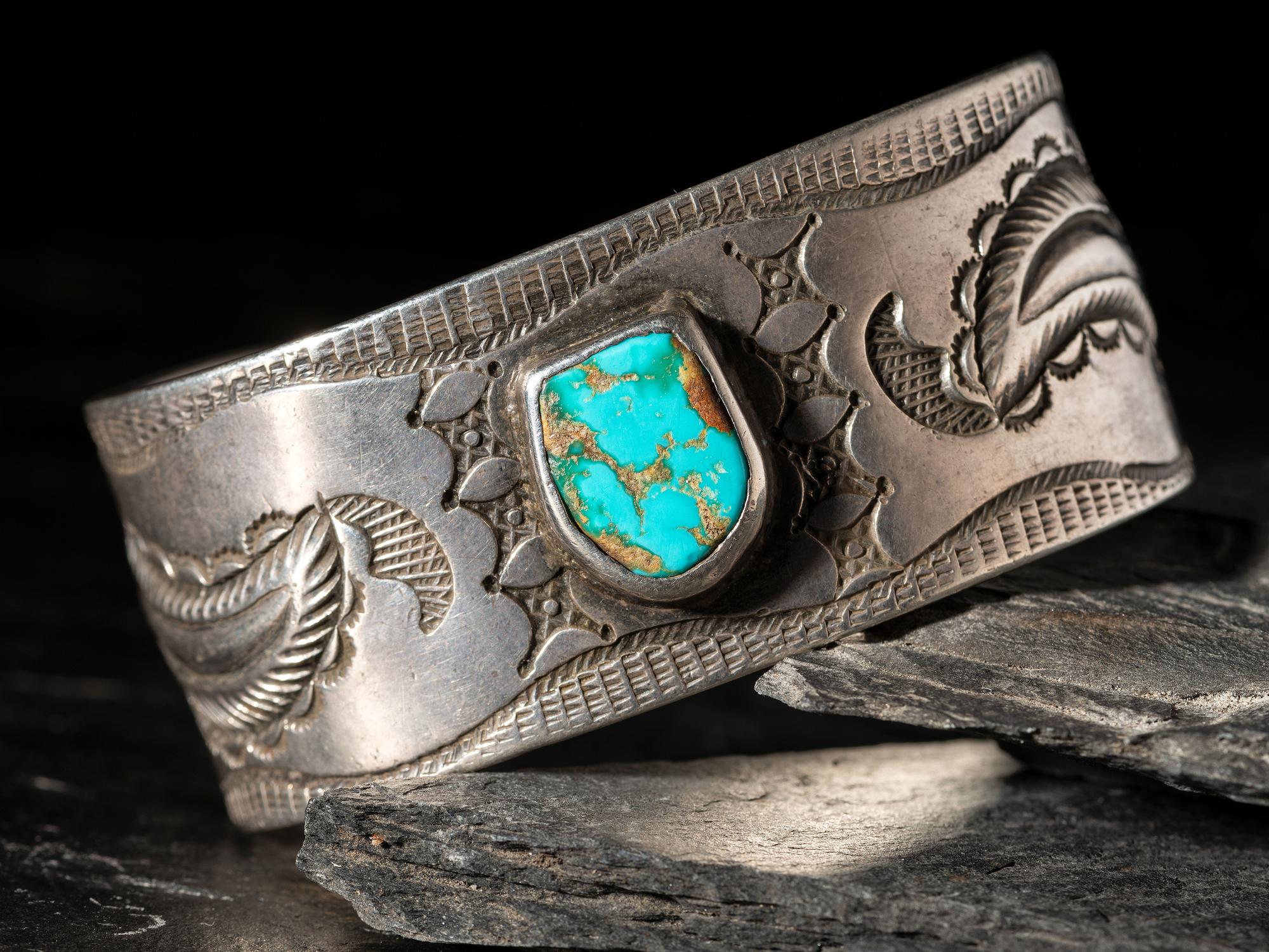 Early Navajo Ingot Silver and Turquoise Cuff Bracelet