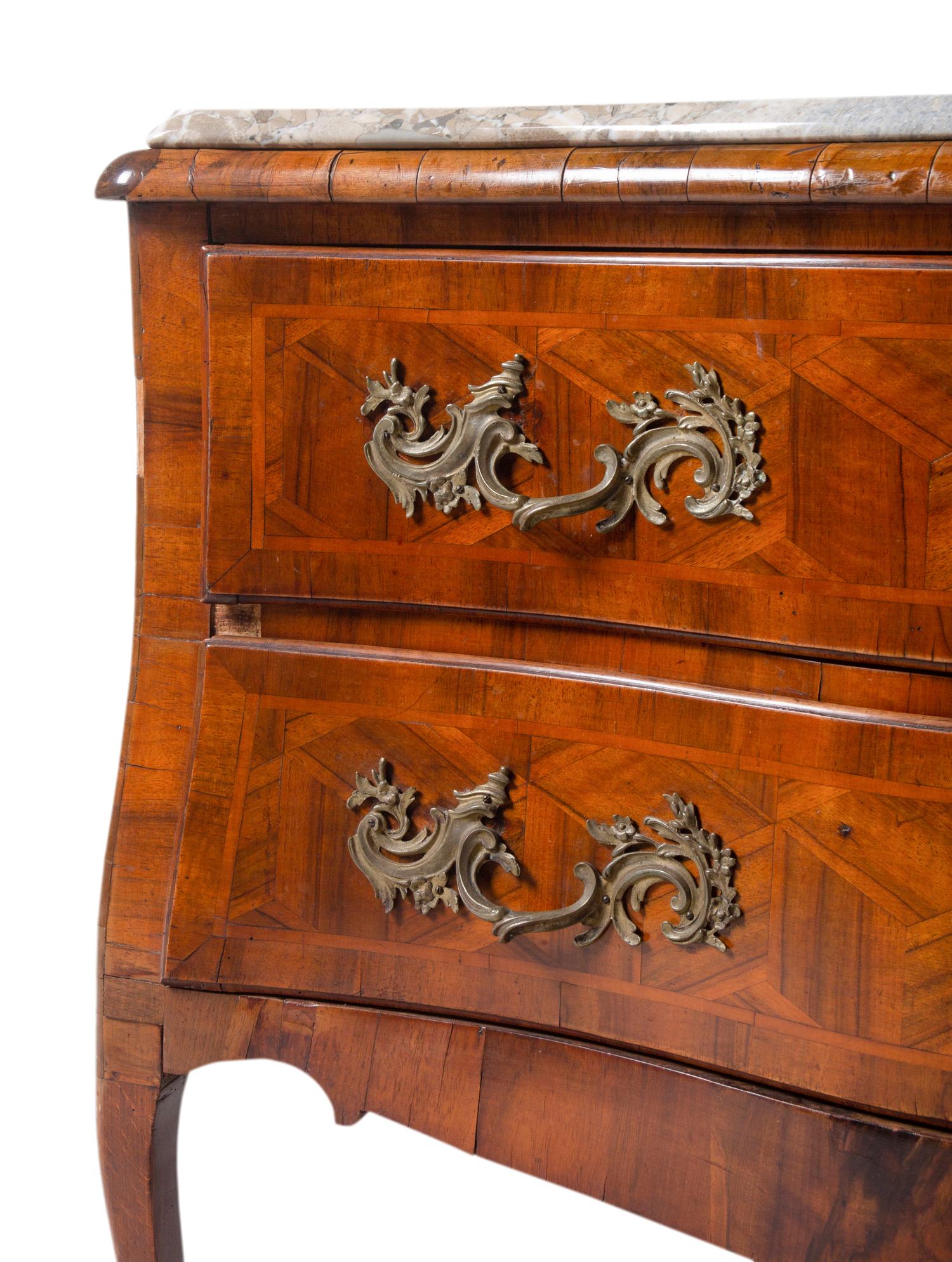 A Louis XV Style Gilt Bronze Mounted Parquetry Marble-Top Commode