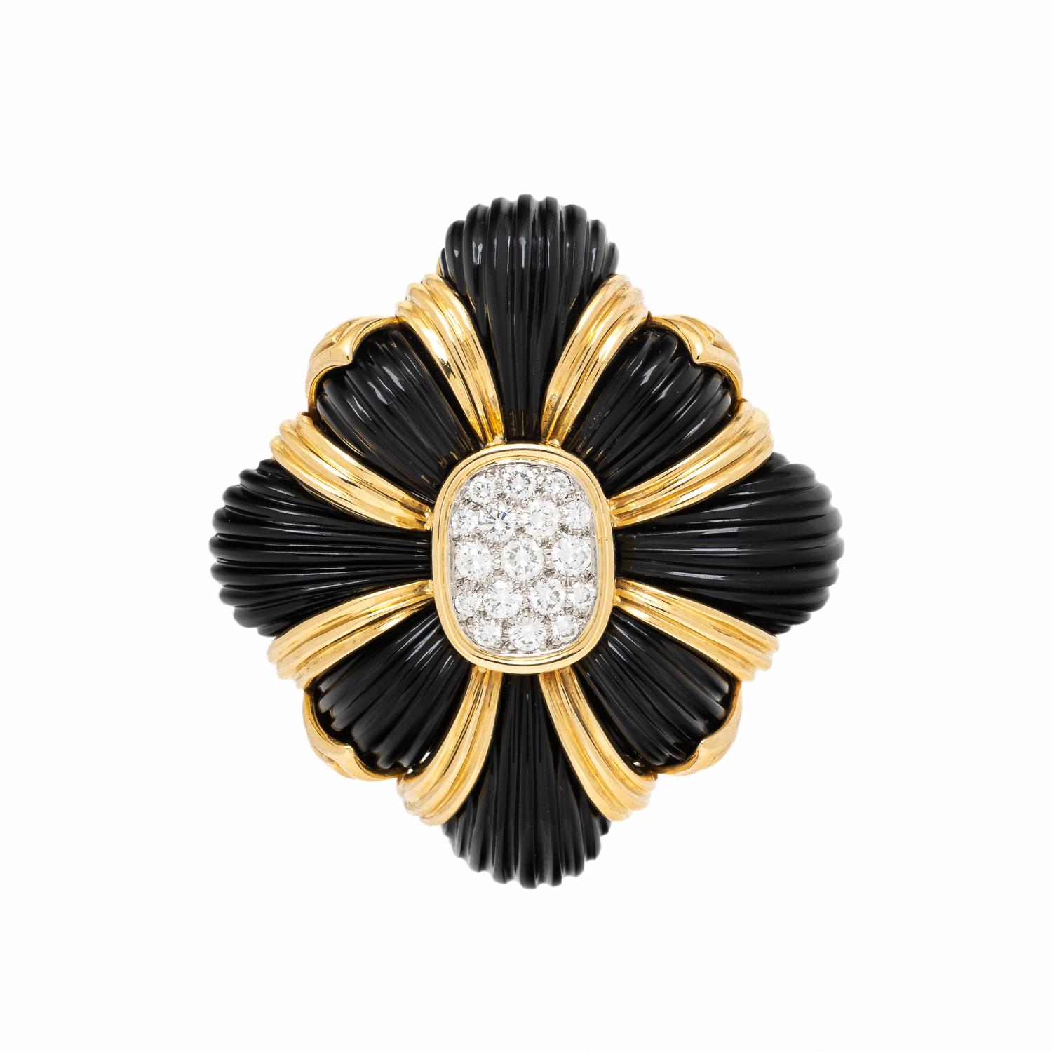 Onyx, Yellow Gold, and Diamond Pendant Brooch
