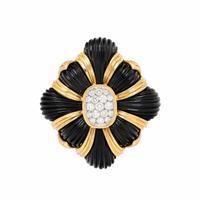 Onyx, Yellow Gold, and Diamond Pendant Brooch