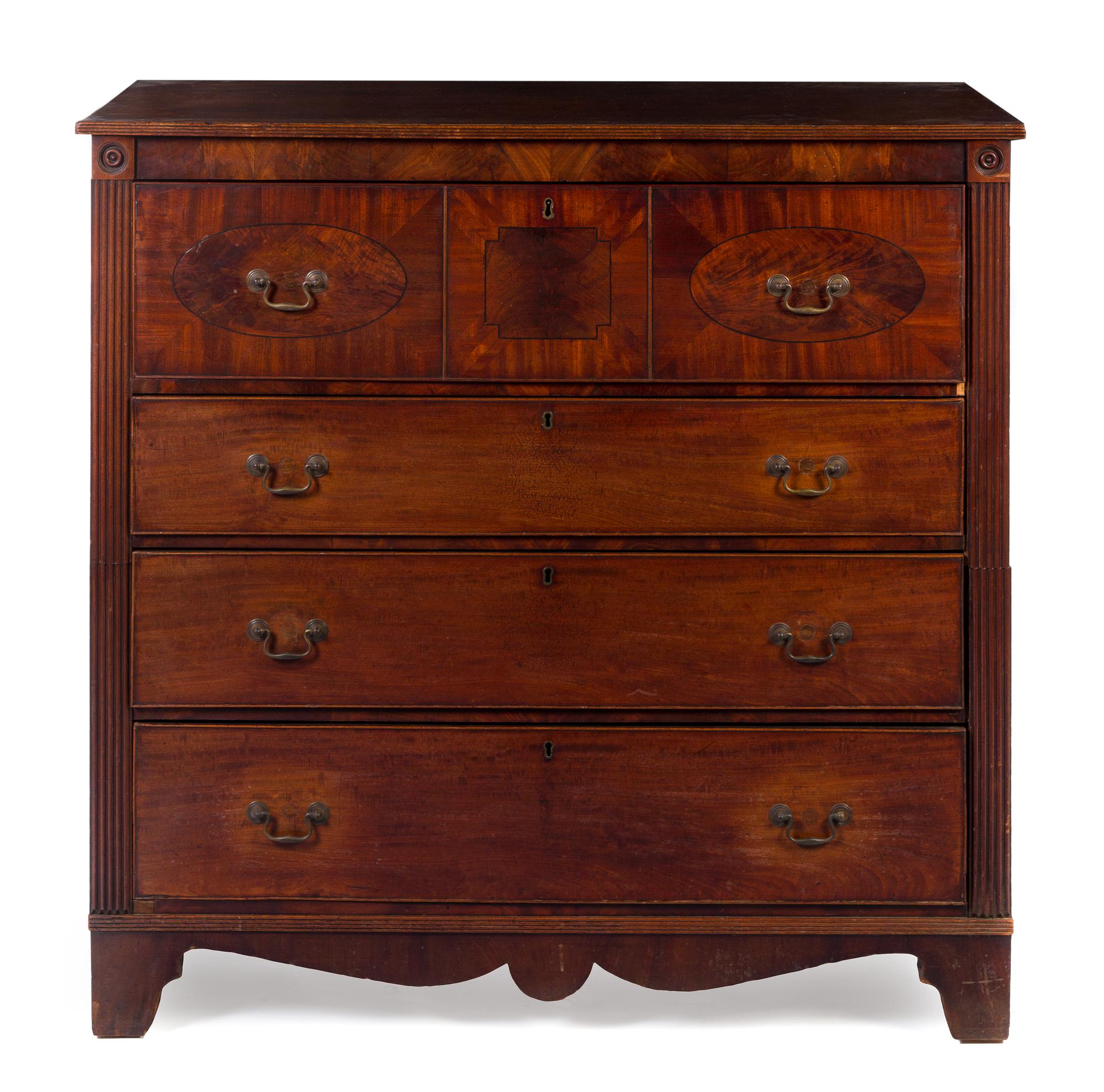 An American Mahogany and Satinwood Bachelor's Chest Height 46 1/4 x width 48 x depth 42 inches. — CIRCA 1810