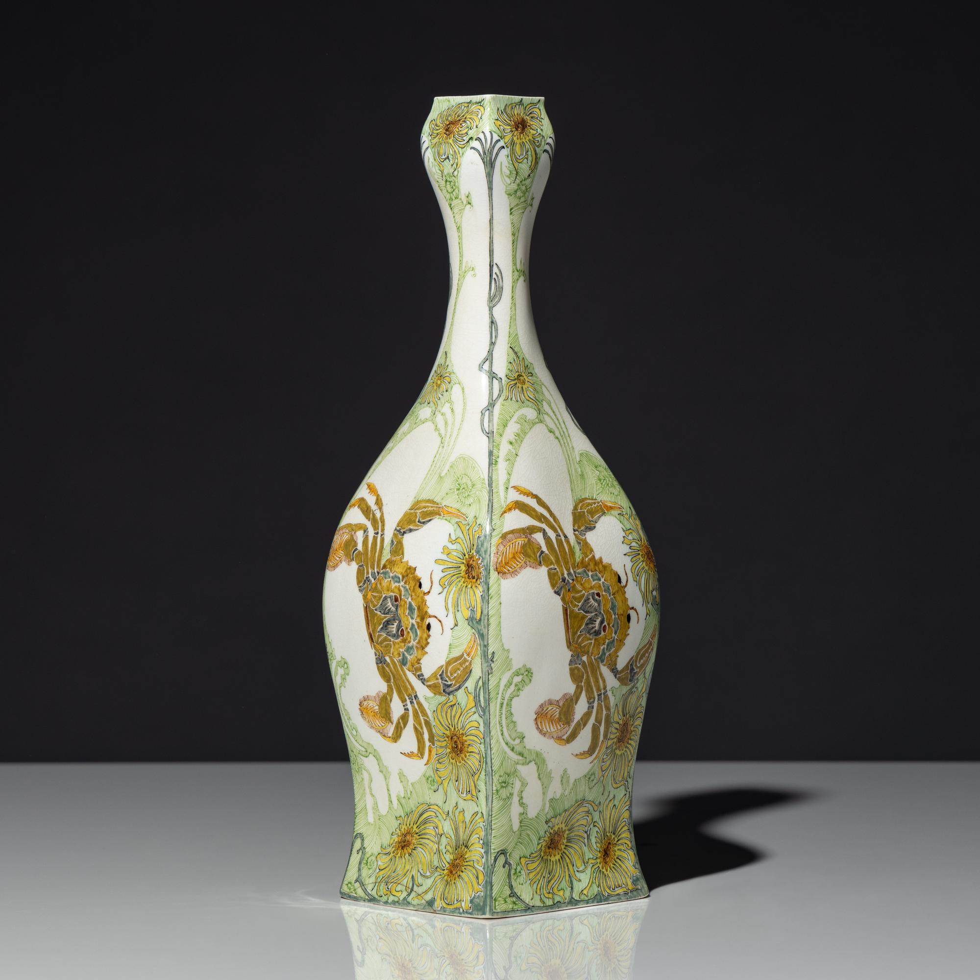 Eggshell porcelain vase with polychrome crab and reef decor, model 90