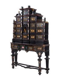 A Florentine Style Gilt Bronze and Specimen Marble-Mounted Ebonized Cabinet on Stand