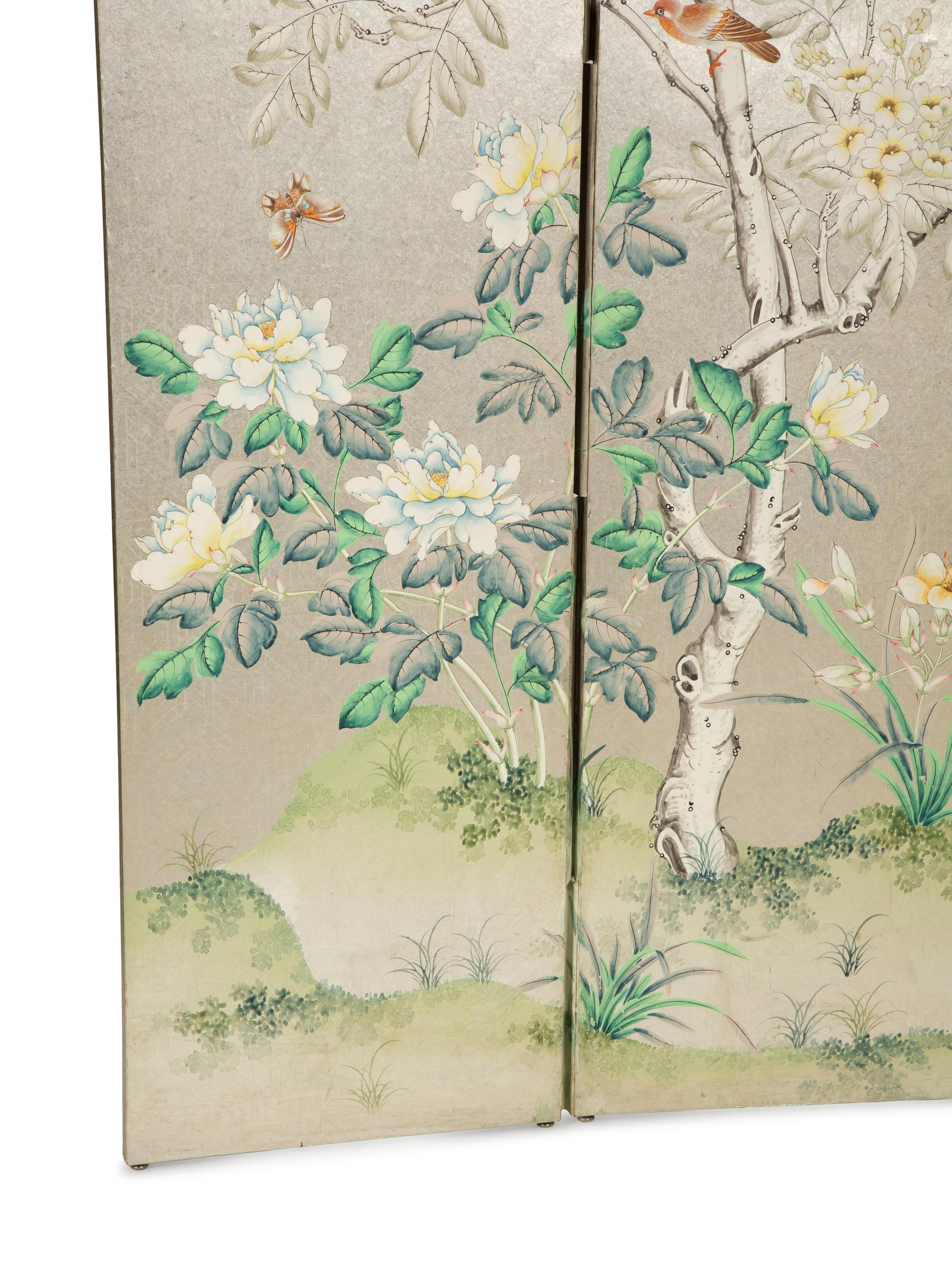 A Four-Panel Floor Screen with Silvered Wallpaper