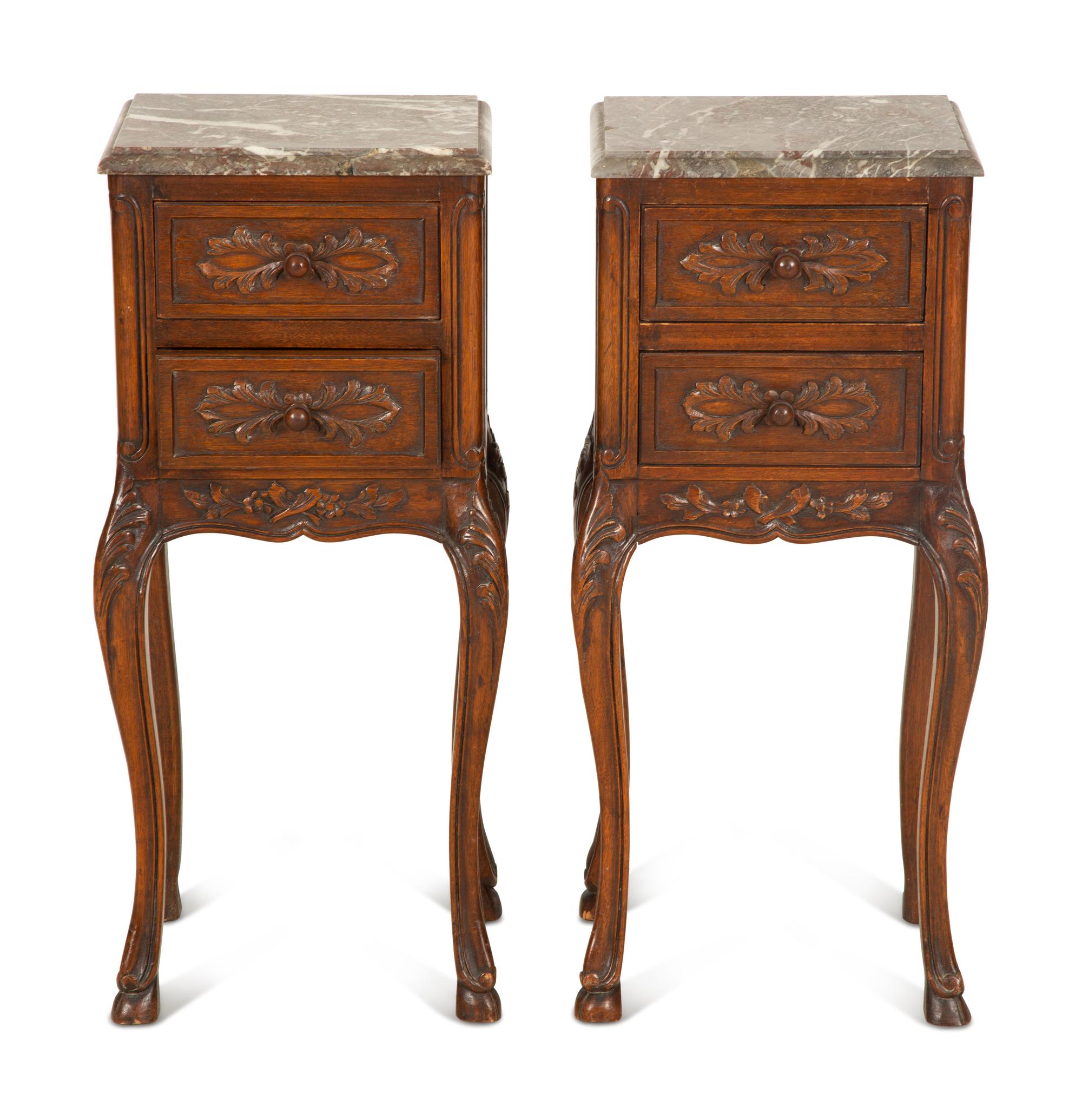 A Pair of Louis XV Style Carved Mahogany Side Tables with Marble Tops — 19th/20th Century