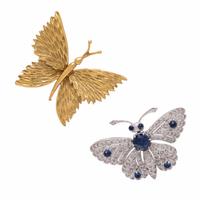 Tiffany & Co., Yellow Gold Butterfly Brooch and Diamond and Sapphire Articulated Butterfly Brooch