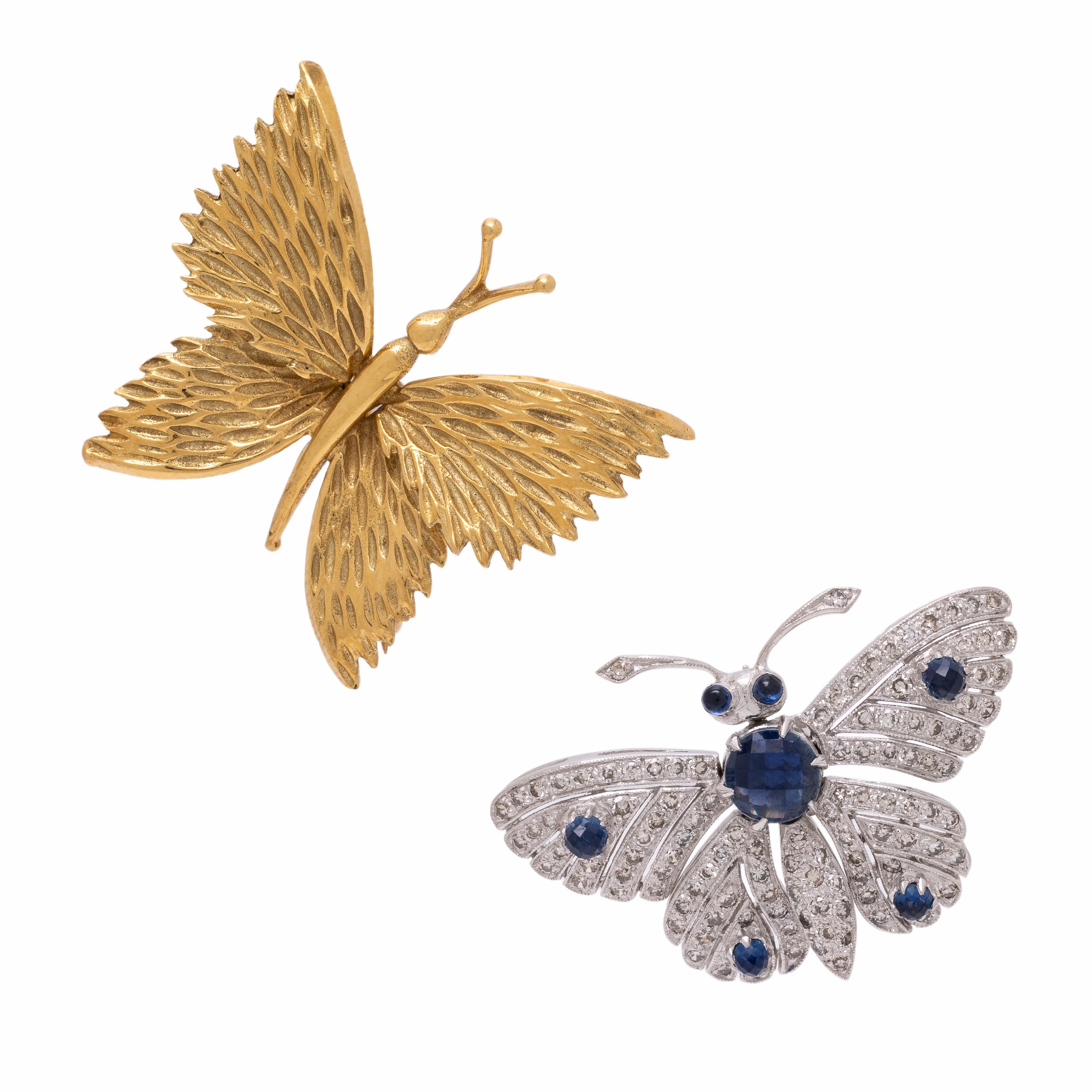 Tiffany & Co., Yellow Gold Butterfly Brooch and Diamond and Sapphire Articulated Butterfly Brooch