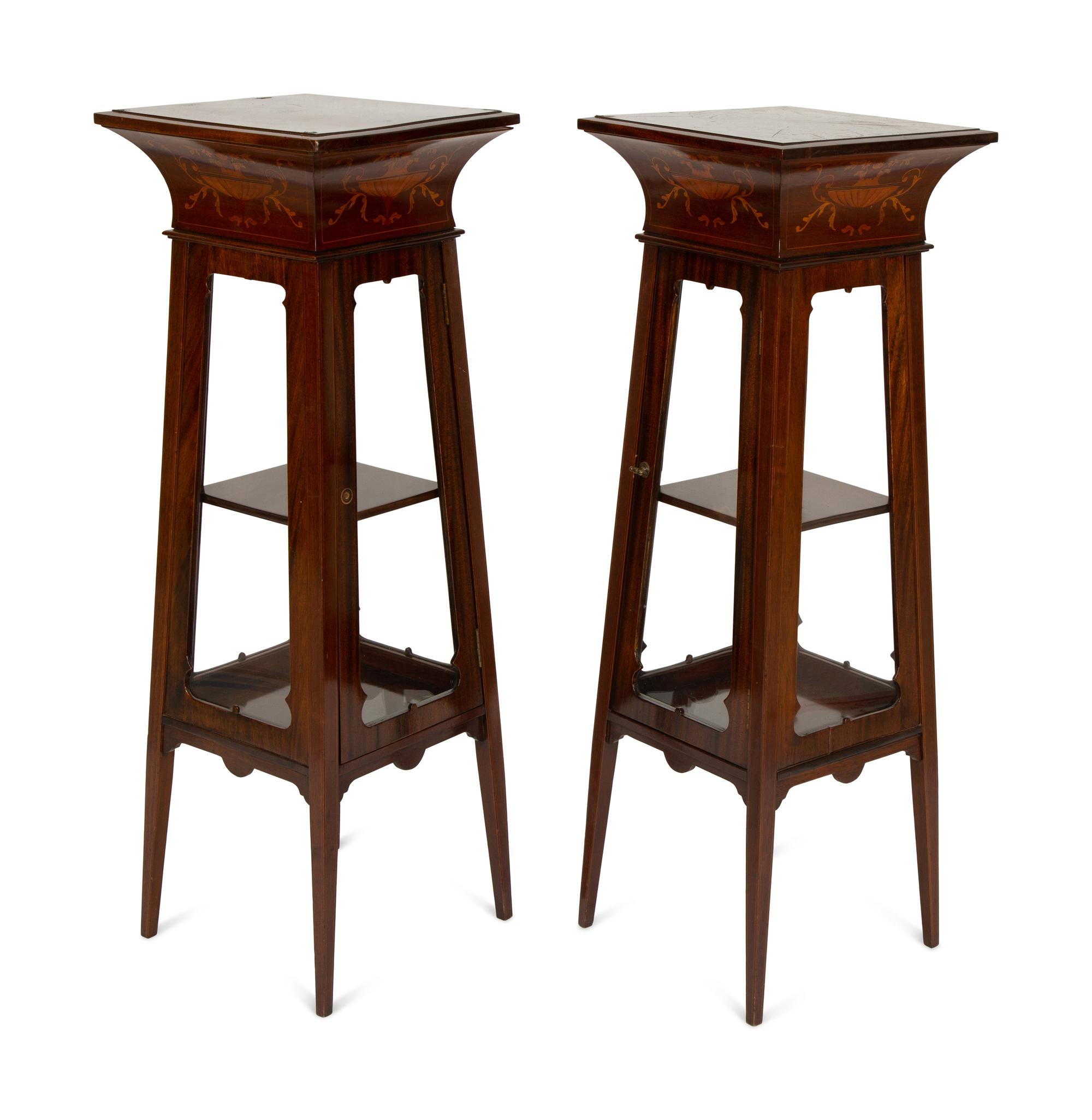 A Pair of Victorian Satinwood Inlaid Mahogany Vitrine Pedestals