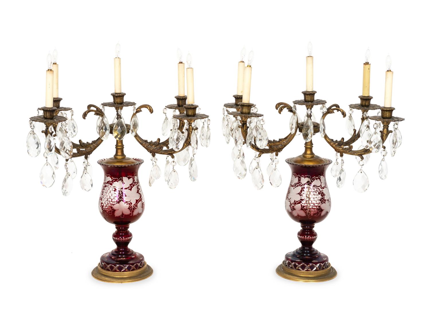 A Pair of Large Bronze Mounted Bohemian Glass Five-Light Candelabra