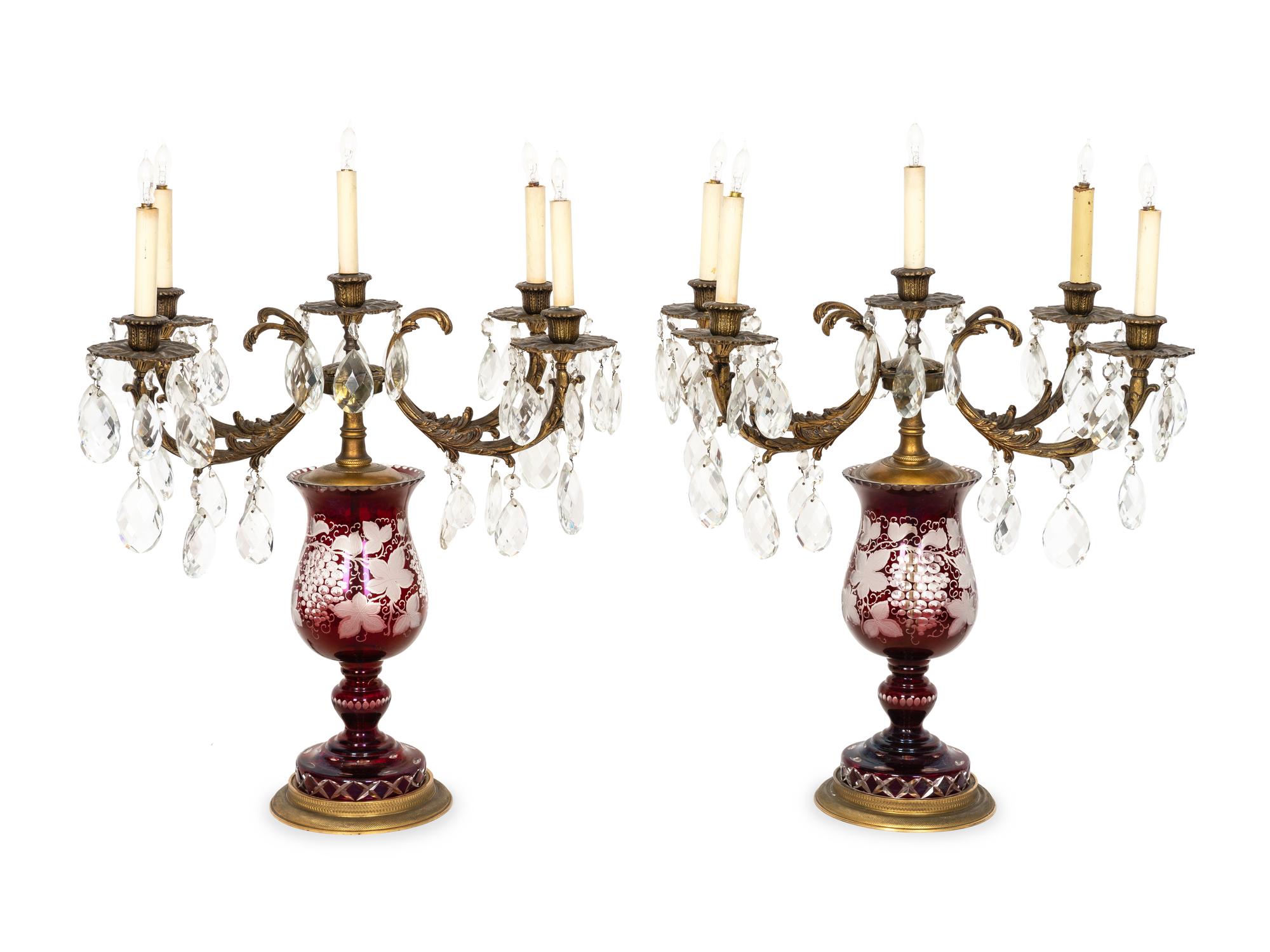 A Pair of Large Bronze Mounted Bohemian Glass Five-Light Candelabra