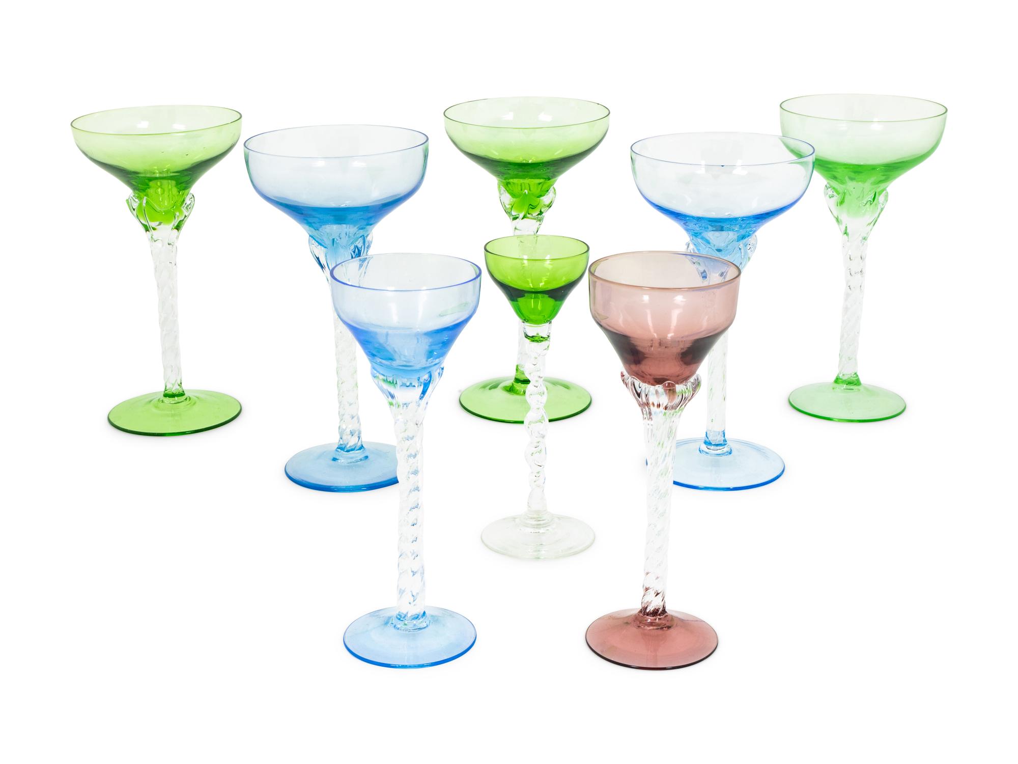 Twelve Colored Glass Stemware Articles