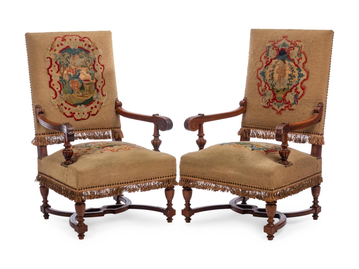 A Pair of Renaissance Revival Walnut Armchairs
