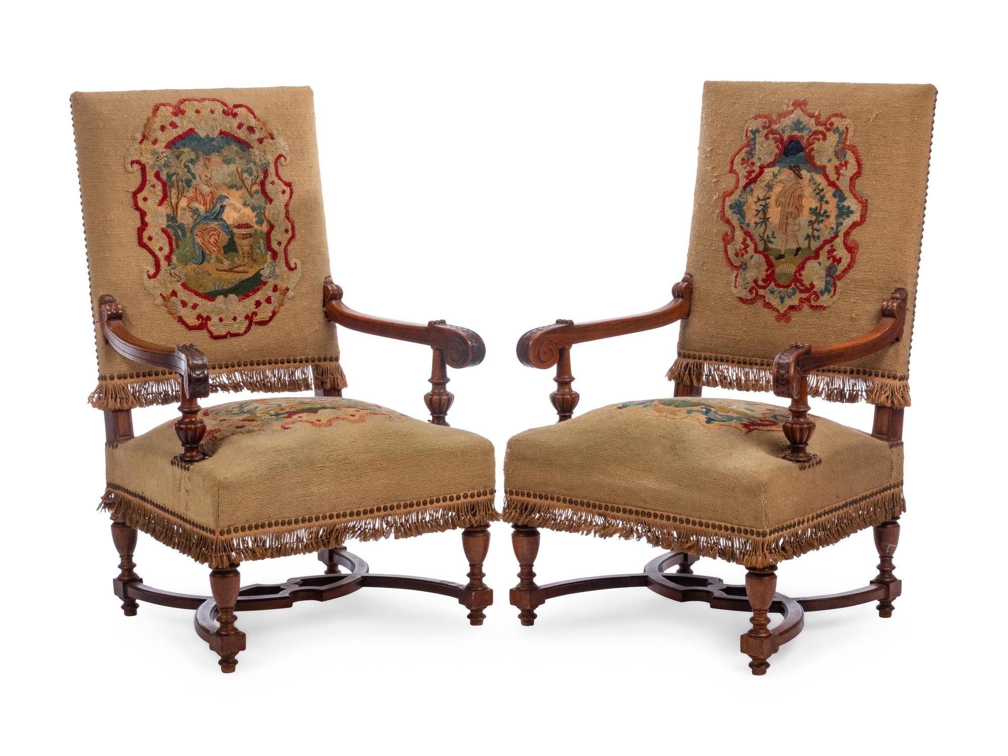 A Pair of Renaissance Revival Walnut Armchairs