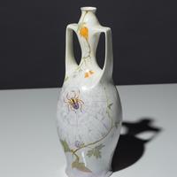 Eggshell porcelain two-handled vase with polychrome spider, web and floral decor, model 117p