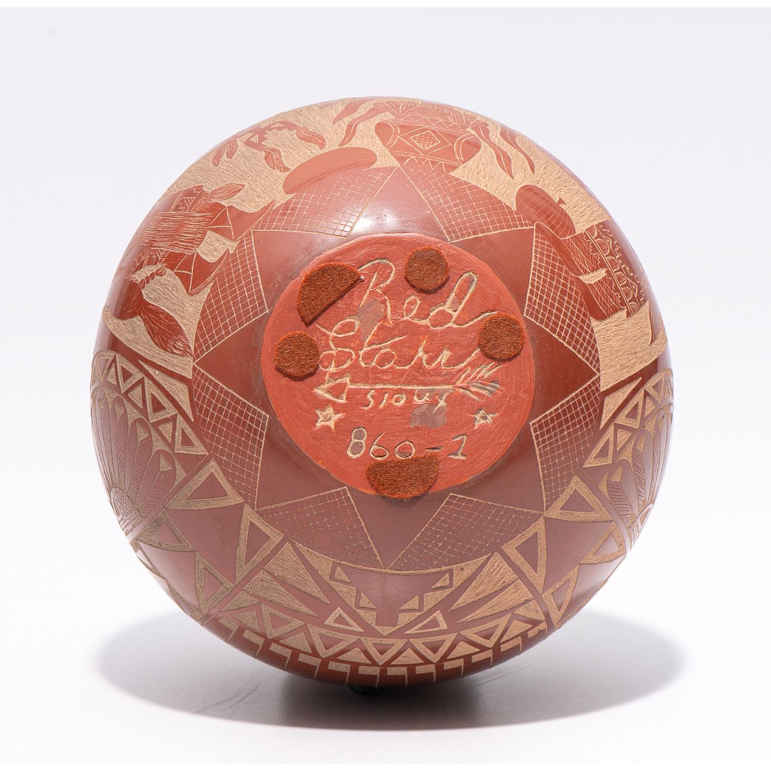 Award-Winning Sgraffito Redware Seed Jar, with Turquoise Cabochon