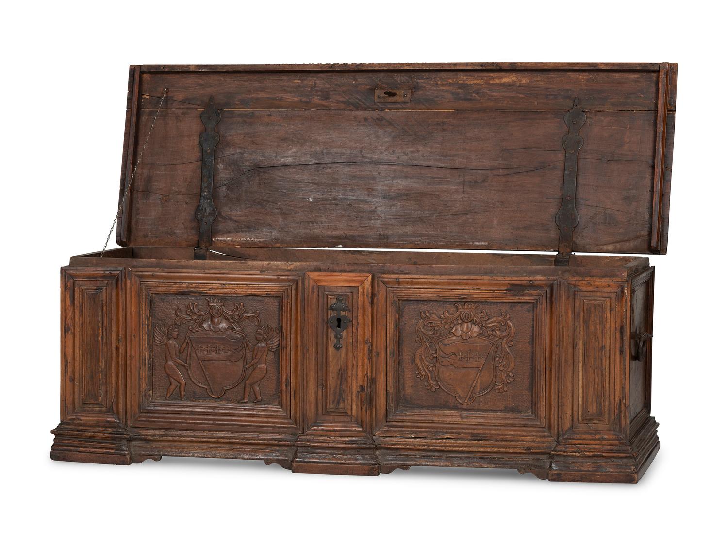 An Italian Wrought-Iron Mounted Carved Walnut Cassone