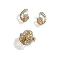 COLORED DIAMOND, DIAMOND, AND BICOLOR GOLD RING AND EARRINGS