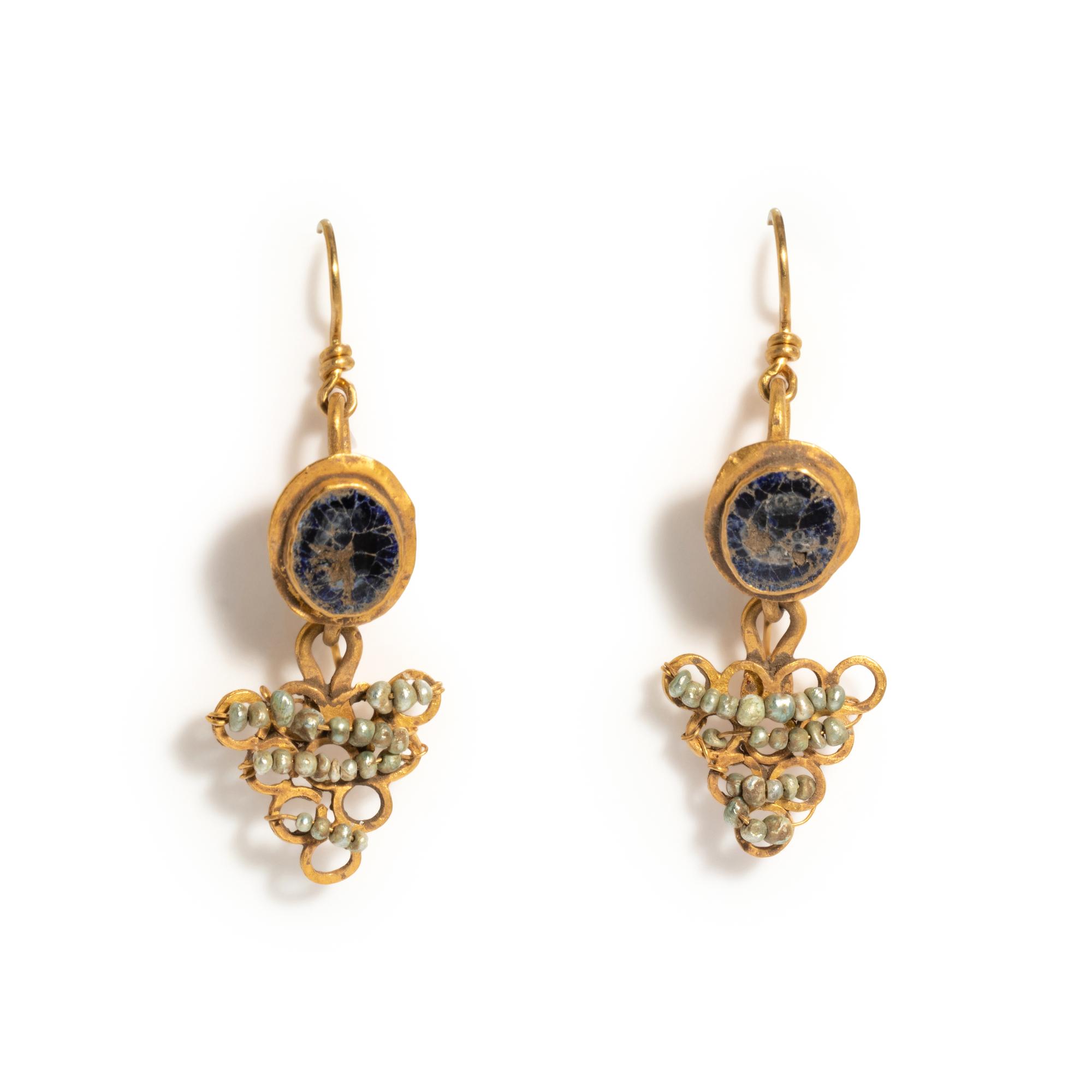 A Pair of Roman Gold, Glass, and Pearl Earrings