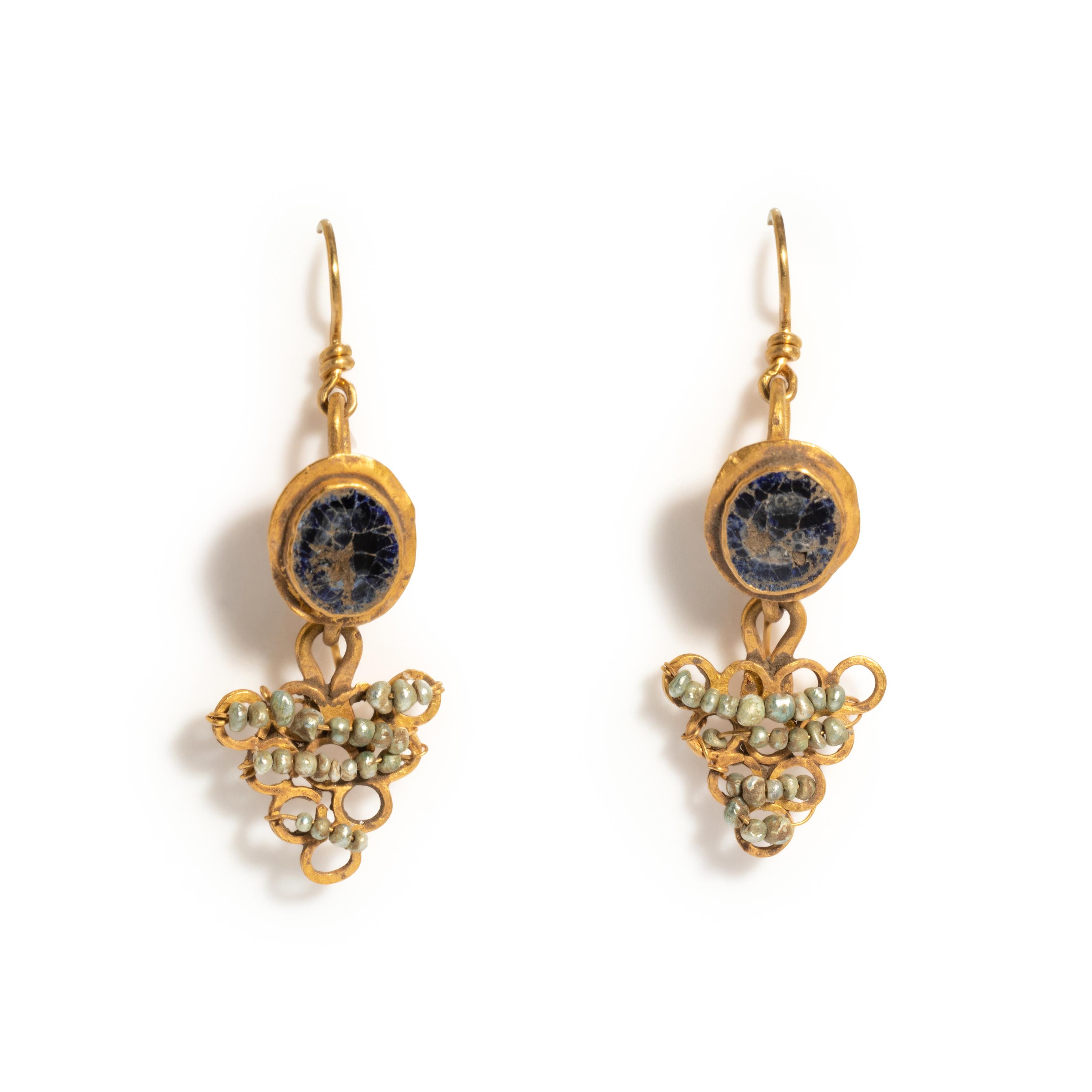 A Pair of Roman Gold, Glass, and Pearl Earrings