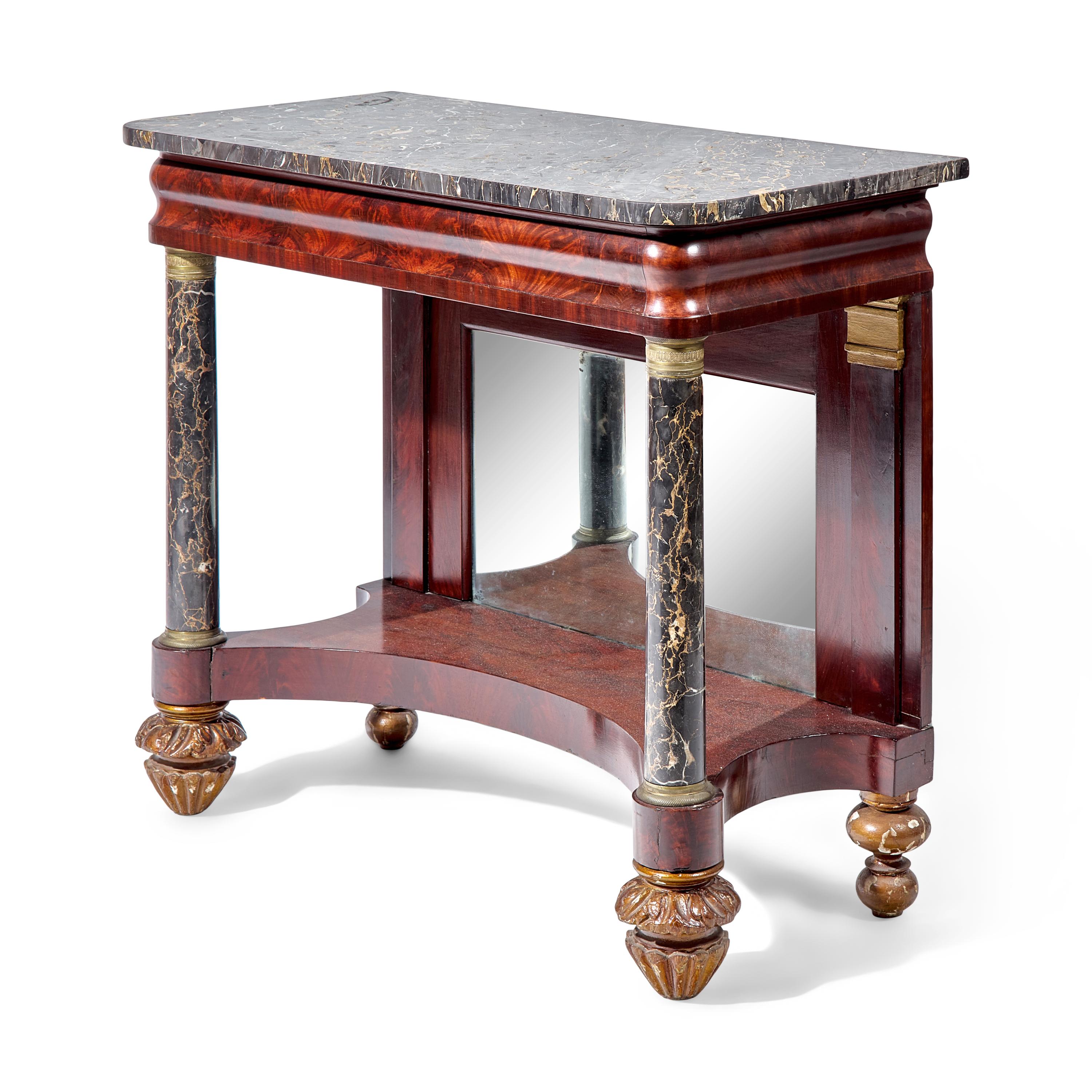 A Classical Highly Figured Mahogany, Egyptian Marble Mounted Pier Table