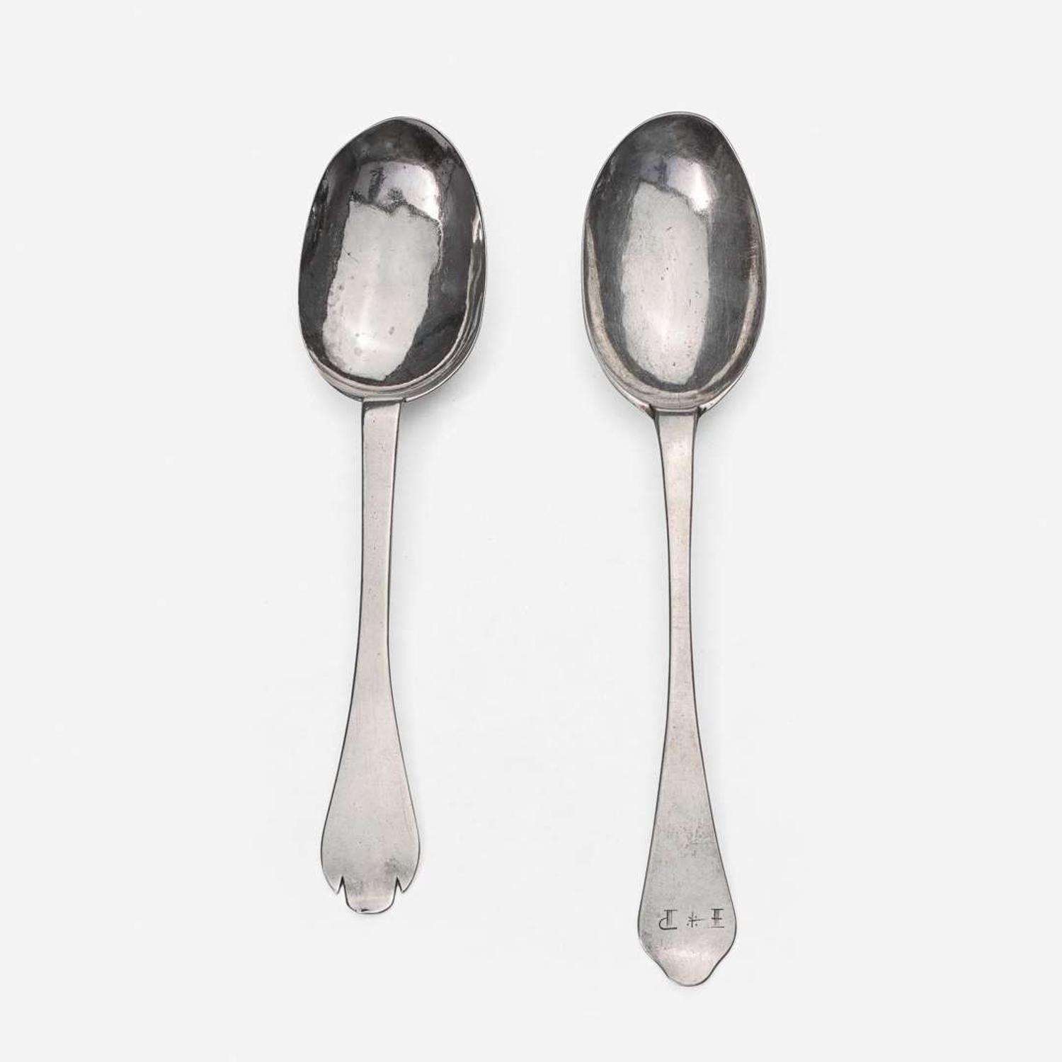 Two silver tablespoons William Cowell, Sr. (1682-1736) and John Burt (1692-1745), Boston, MA, circa 1710 and 1715