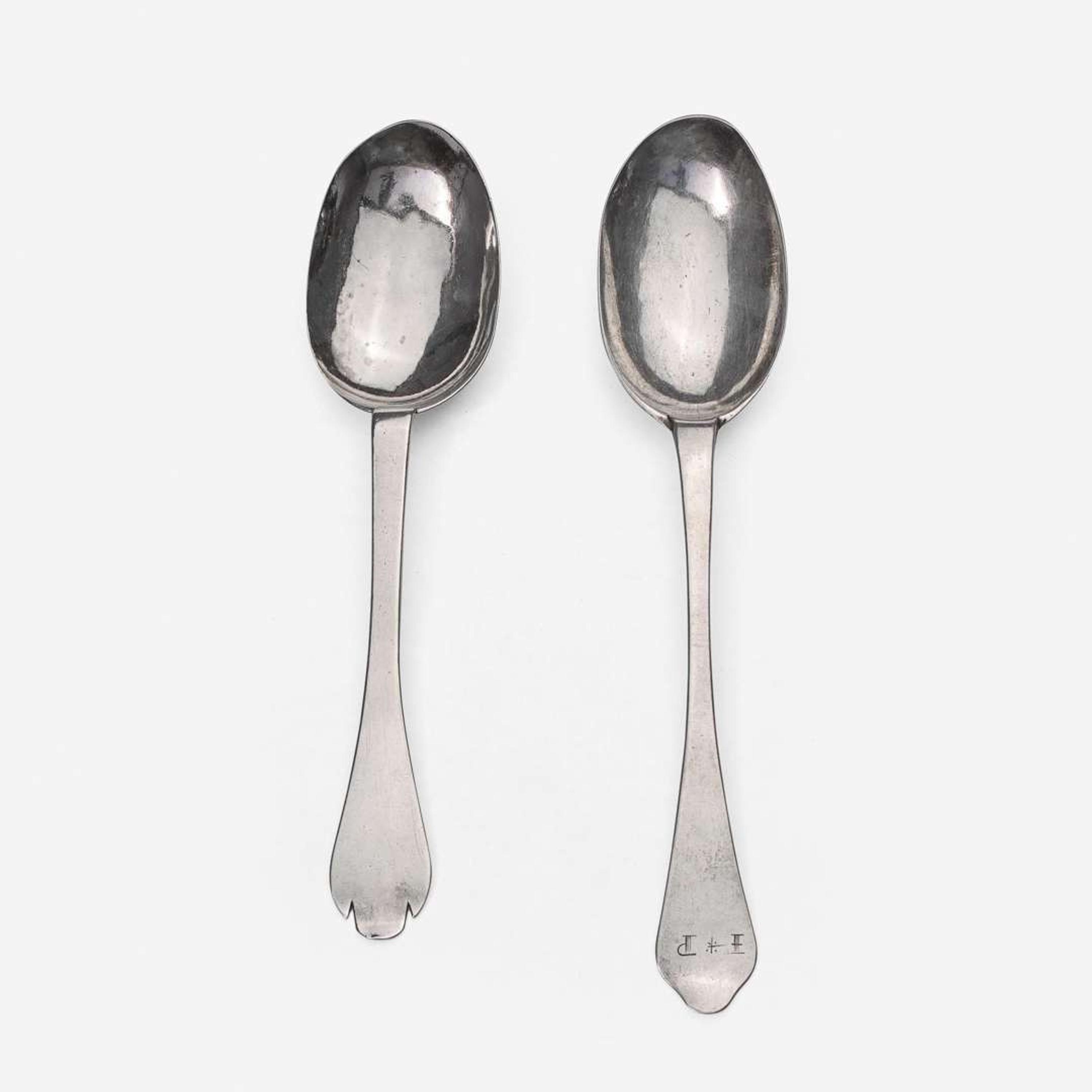 Two silver tablespoons William Cowell, Sr. (1682-1736) and John Burt (1692-1745), Boston, MA, circa 1710 and 1715