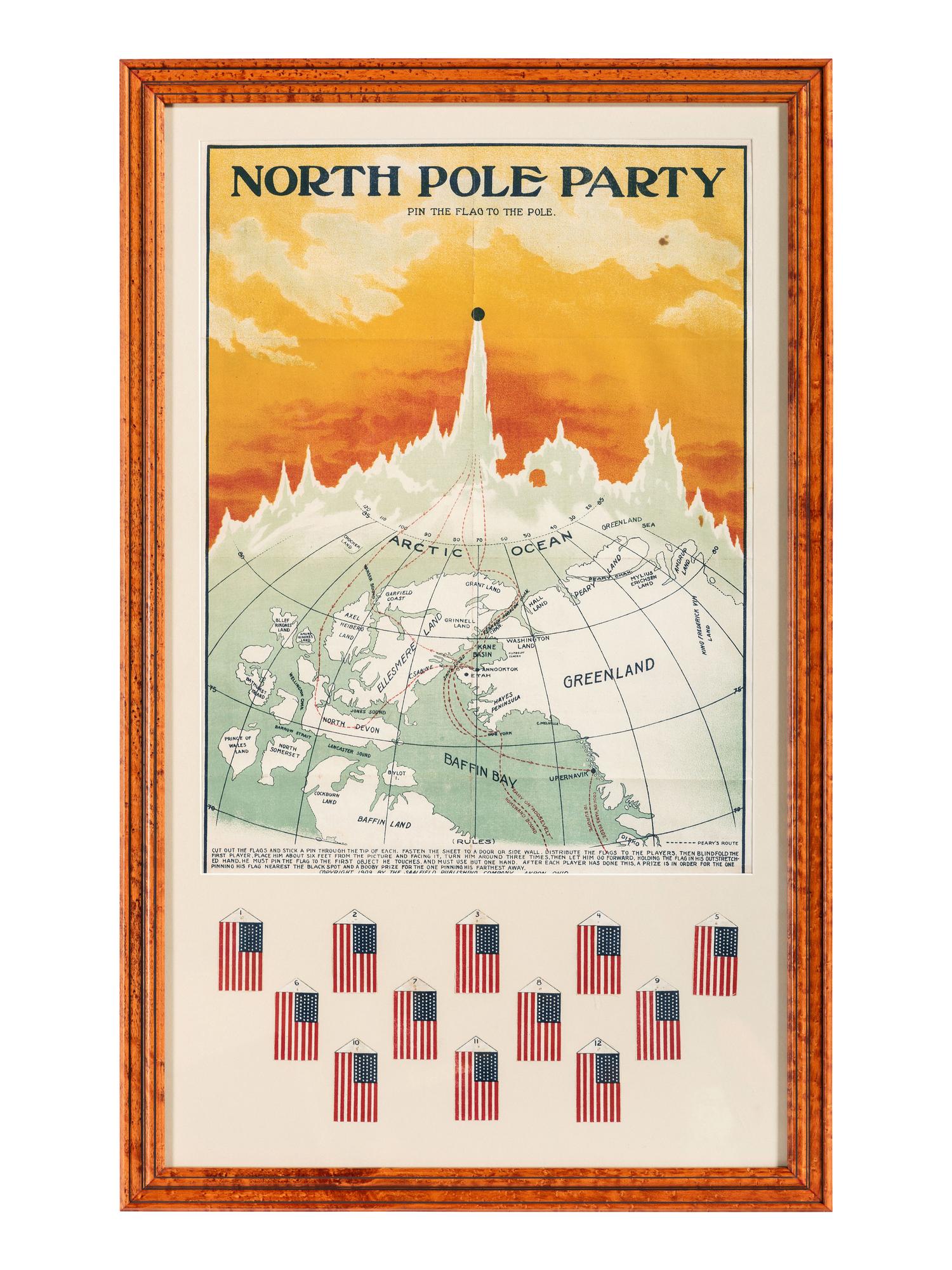 [FLAGS - POLAR EXPEDITIONS]. North Pole Party "Pin the Flag to the Pole." Children's game. Akron, OH: Saalfield Publishing Company, 1909.