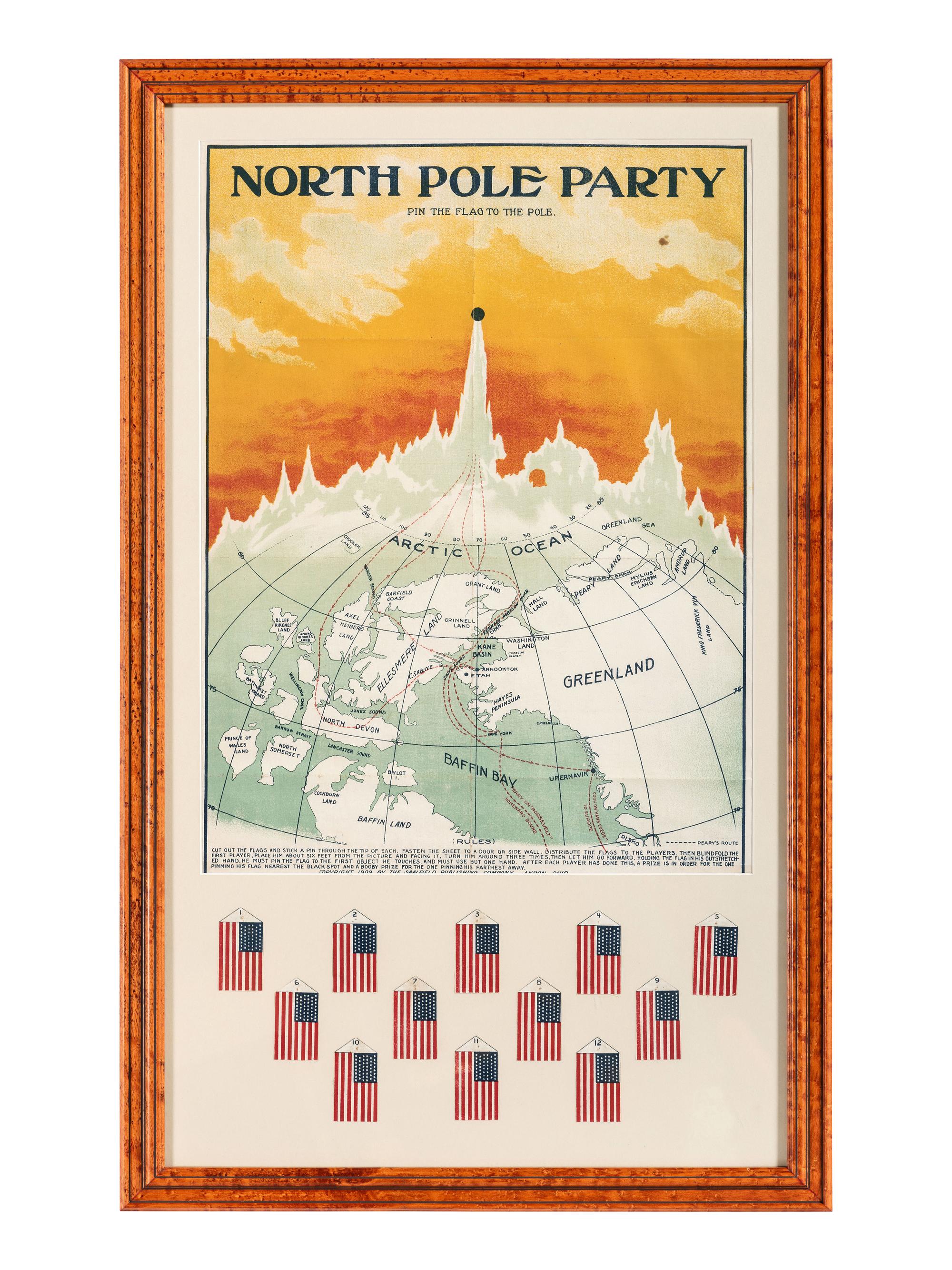 [FLAGS - POLAR EXPEDITIONS]. North Pole Party "Pin the Flag to the Pole." Children's game. Akron, OH: Saalfield Publishing Company, 1909.