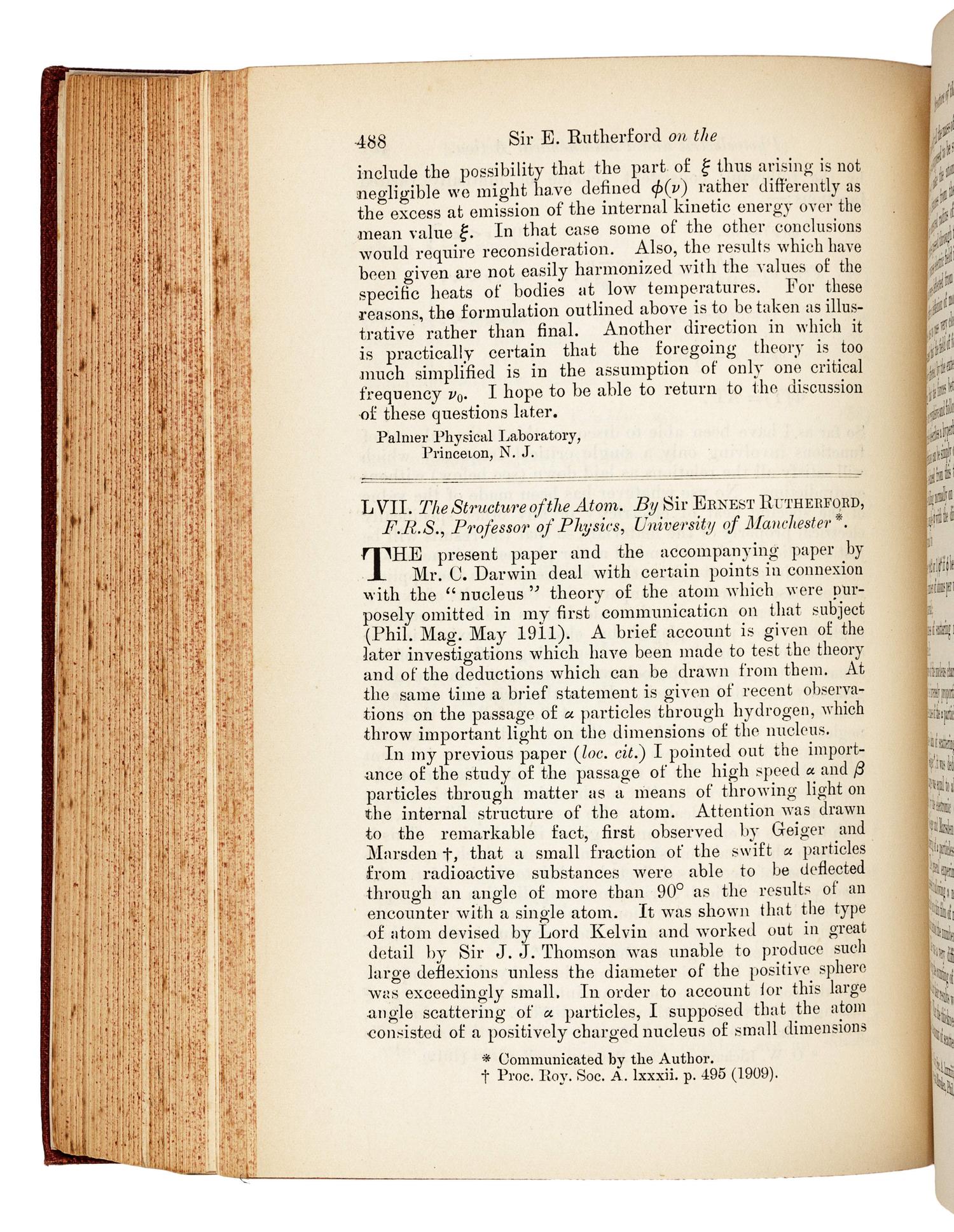 BOHR, Niels (1885-1962). “On the Constitution of Atoms and Molecules.” In: The London, Edinburgh, and Dublin Philosophical Magazine , Sixth Series, Vol. 26, Nos. 151, 153, 155, pp. 1-25, 476-501, 857-875. London: Taylor & Francis, July, September, and November 1913. (3 parts).