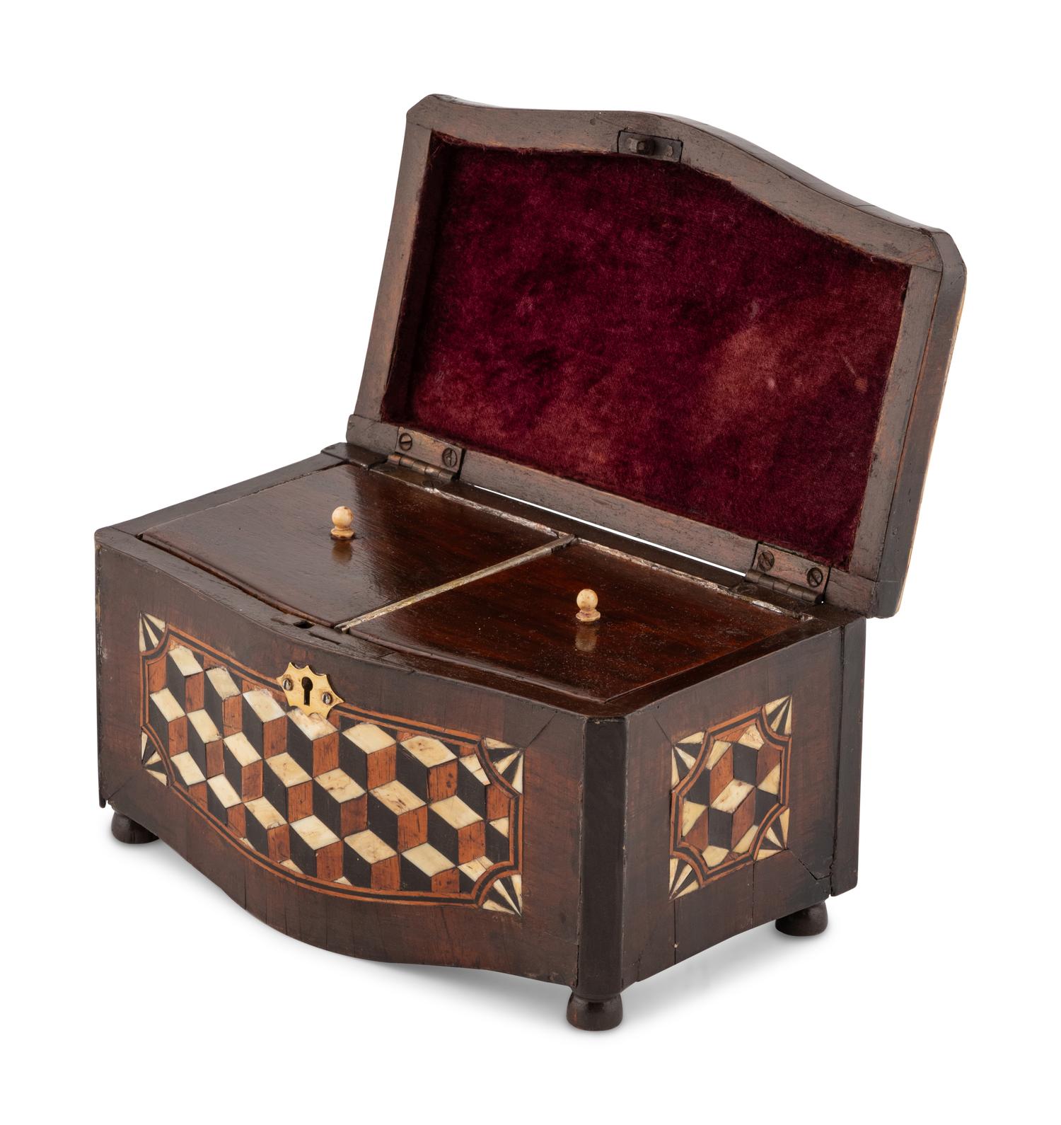 An Italian Walnut and Ebony Parquetry Tea Caddy