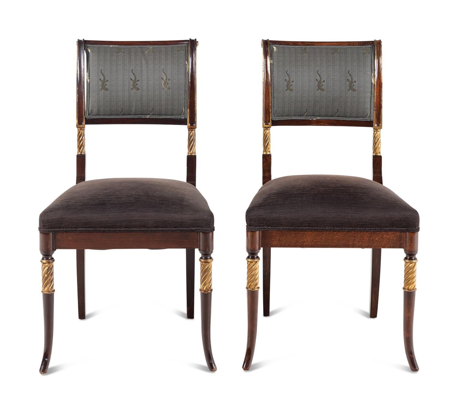 A Pair of Regency Style Parcel-Gilt Walnut Side Chairs