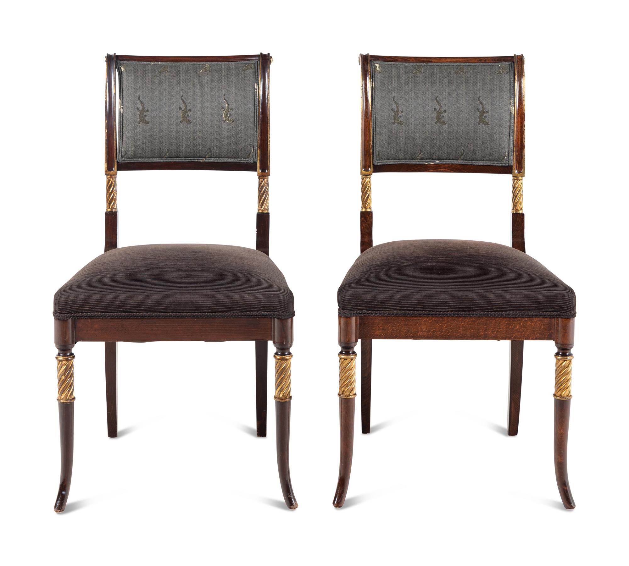 A Pair of Regency Style Parcel-Gilt Walnut Side Chairs