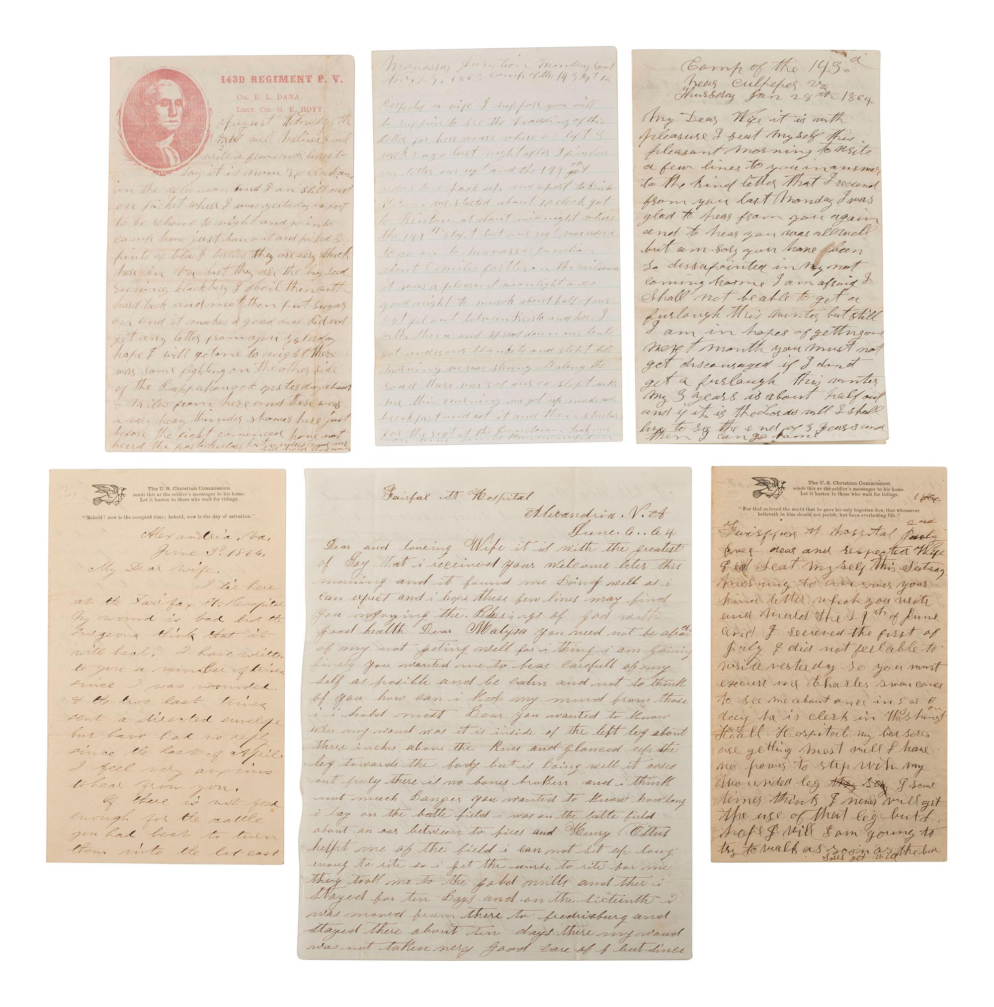 [CIVIL WAR]. Archive of correspondence from Private Hial Heath, Co. H, 143rd Pennsylvania Volunteers, DOW Wilderness, and his brother-in-law, Sergeant Newell W. Barnum, Co. G, 5th New York Cavalry, POW Culpeper.