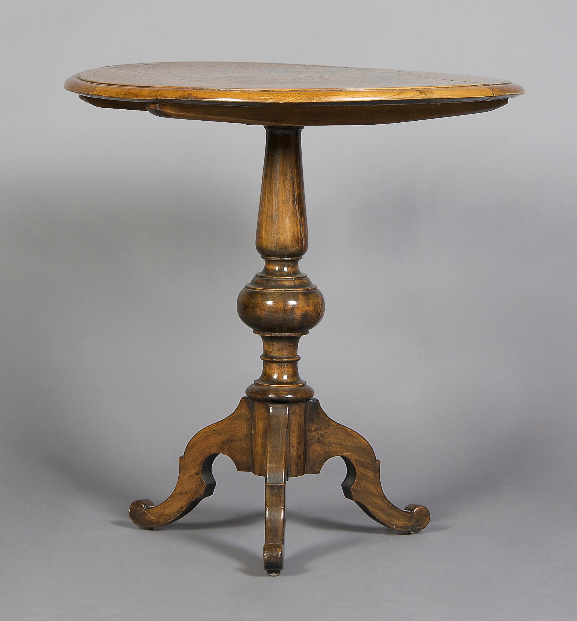 A Marquetry Center Table, Height 27 x diameter 26 1/2 inches.