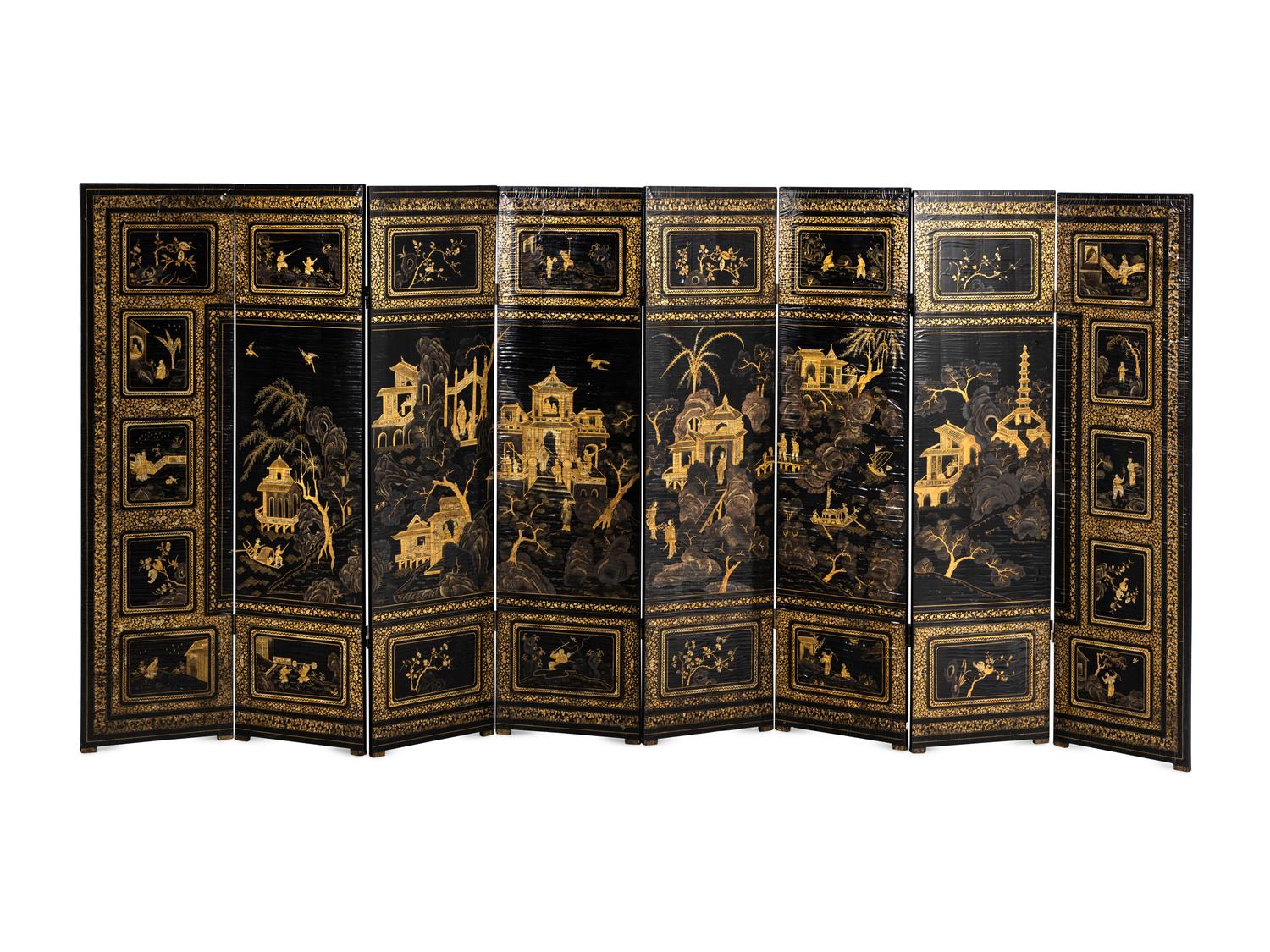 A Chinese Black and Gold Lacquer Eight-Panel Screen