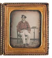 [EARLY PHOTOGRAPHY - MILITARIA]. Sixth plate daguerreotype of a possible fireman wearing a red-tinted jacket, possibly identified.