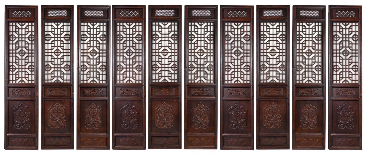 A Large Chinese Zitan Ten-Panel Floor Screen Height 109 x width 25 1/4 x depth 2 1/2 inches. — QING DYNASTY (1644-1911)