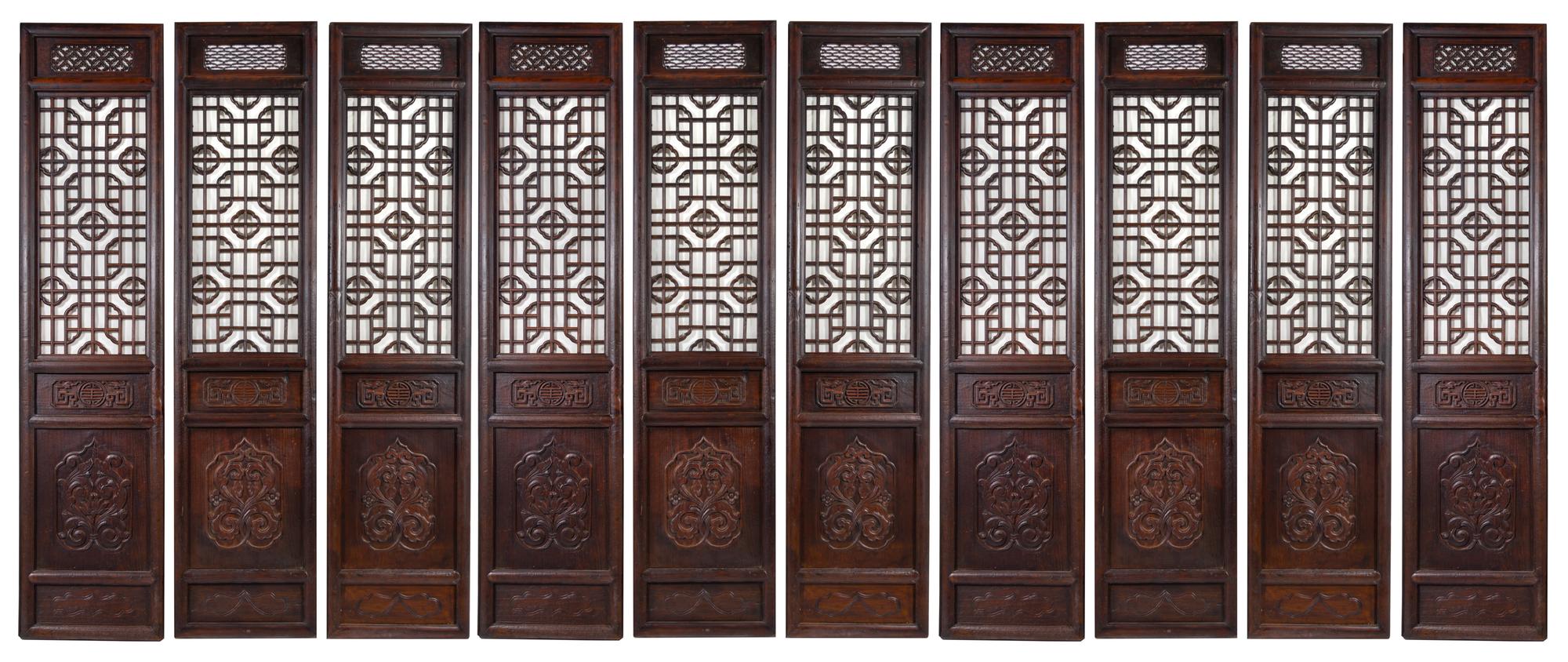 A Large Chinese Zitan Ten-Panel Floor Screen Height 109 x width 25 1/4 x depth 2 1/2 inches. — QING DYNASTY (1644-1911)