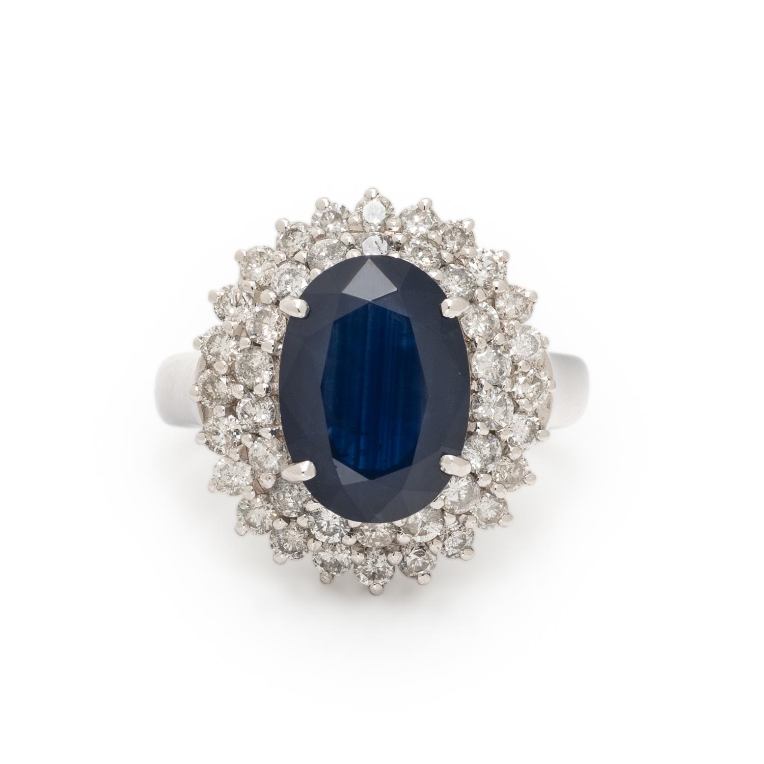 Sapphire, Diamond, and White Gold Ring